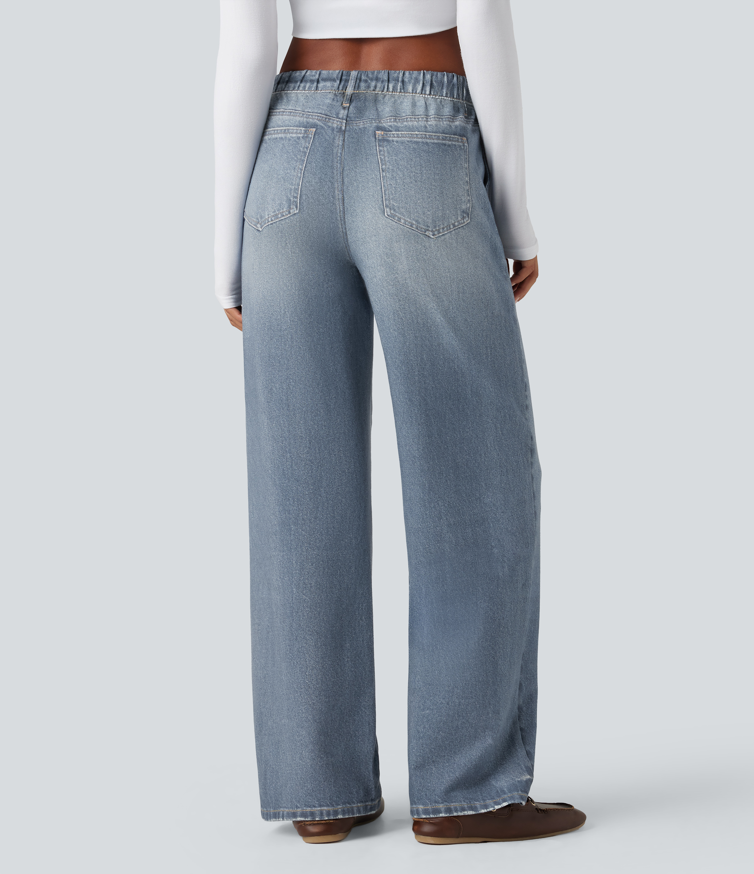 Light Ocean Denim Pantalon de jogging décontracté en French terry à imprimé denim, taille mi-haute, style jean, avec poches / 2