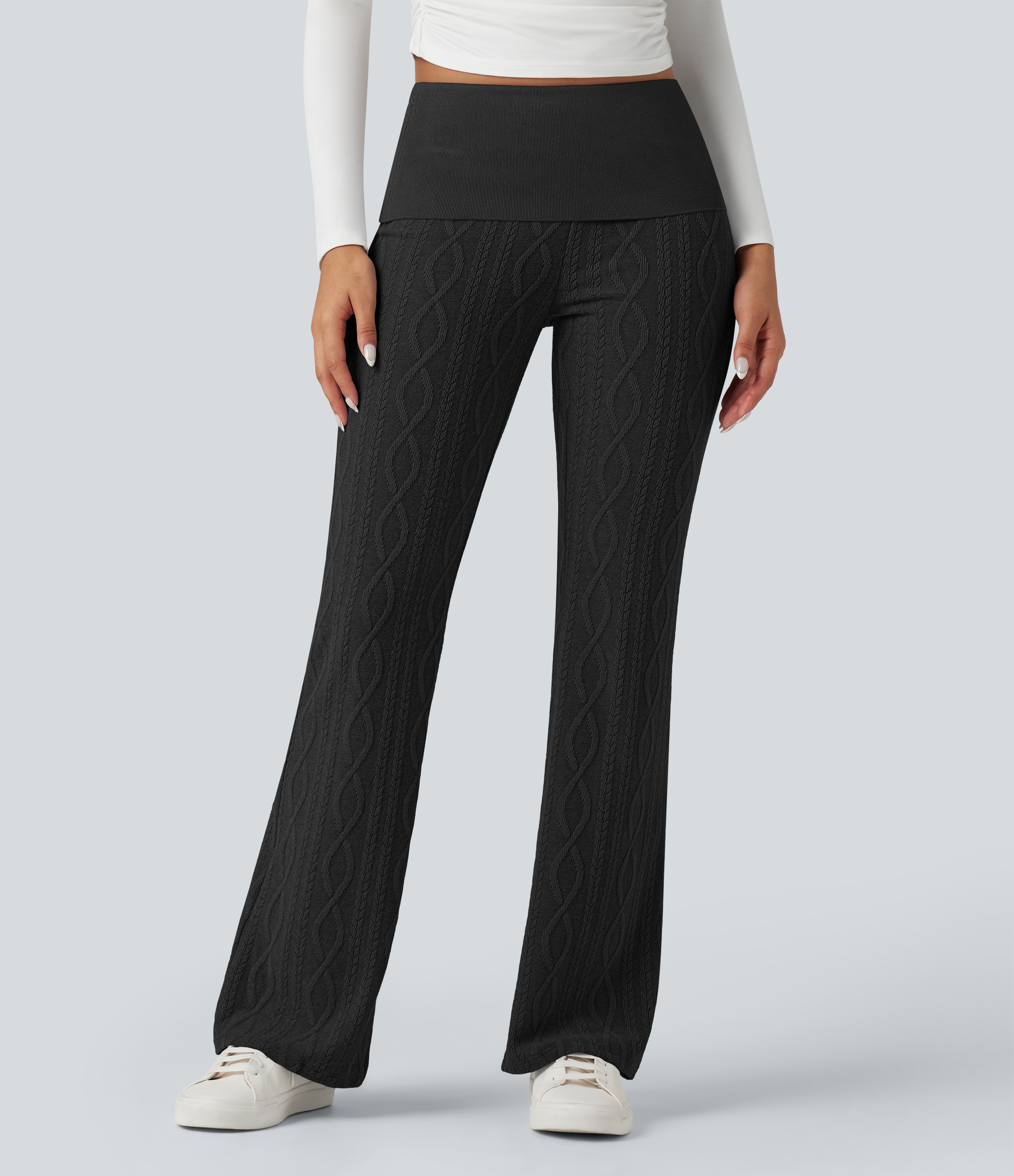 Foldover Low Rise Sweater Knit Flare Casual Pants