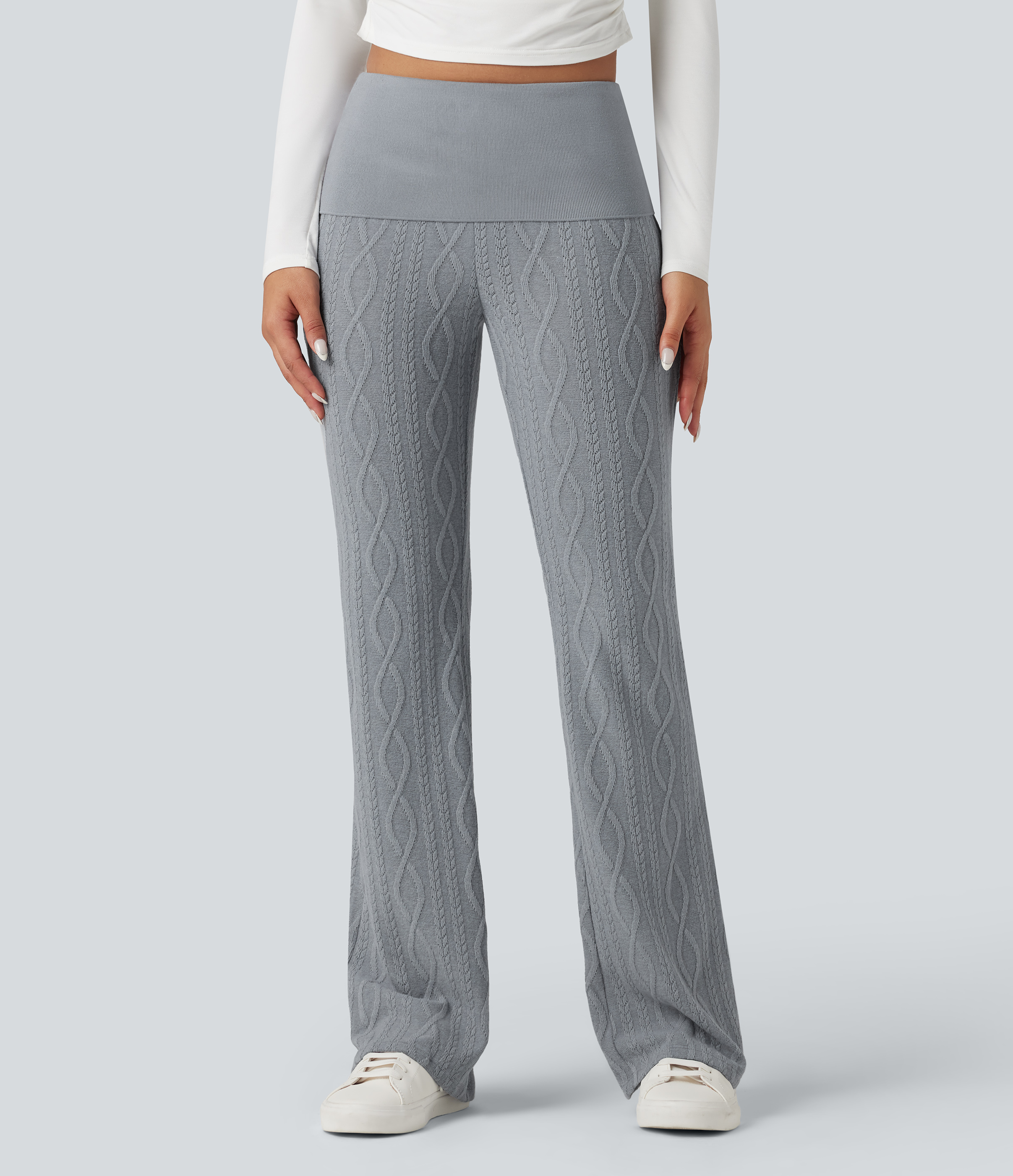 Foldover Low Rise Sweater Knit Flare Casual Trackpants