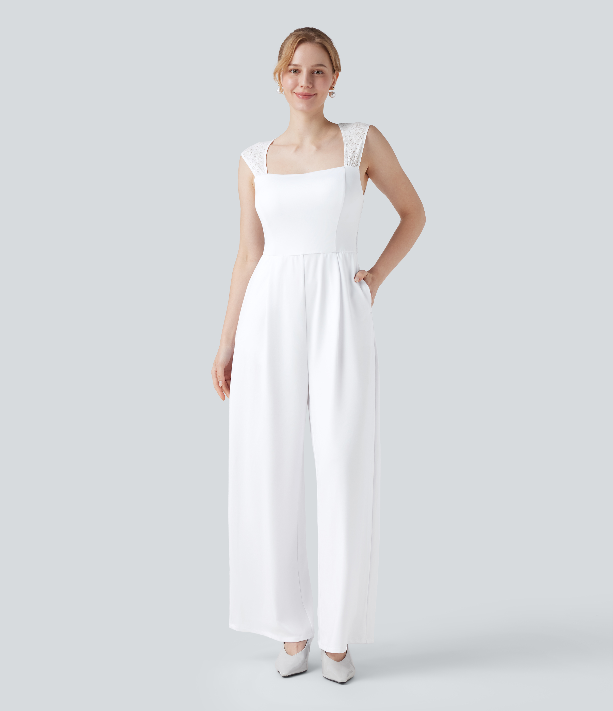 Square Neck Sleeveless Contrast Lace Bridesmaid And Wedding Guest Jumpsuit with Pockets-Easy Peezy