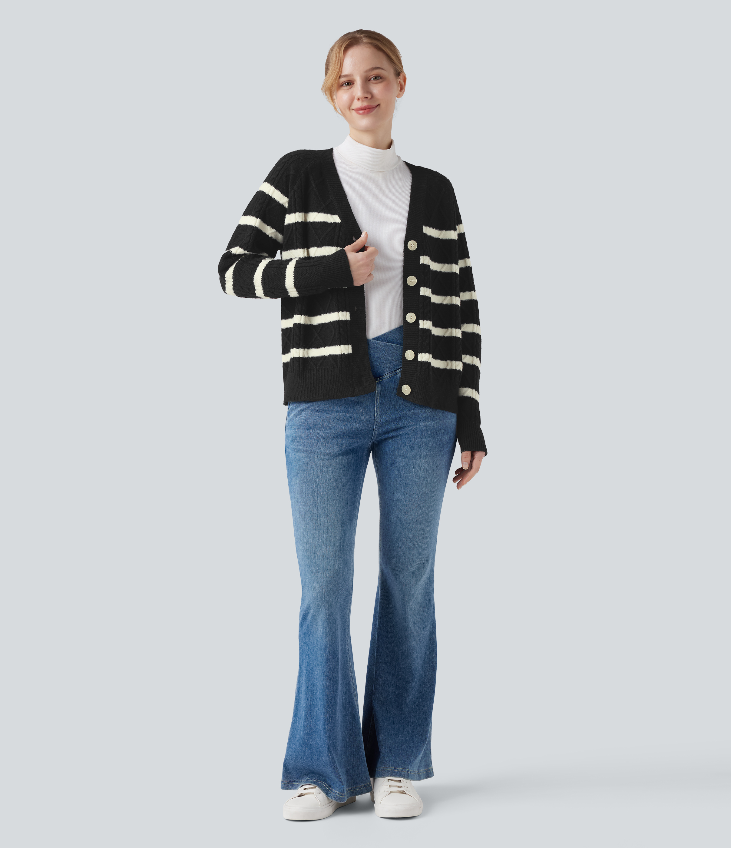 V-neck Long Sleeve Striped Casual Cardigan