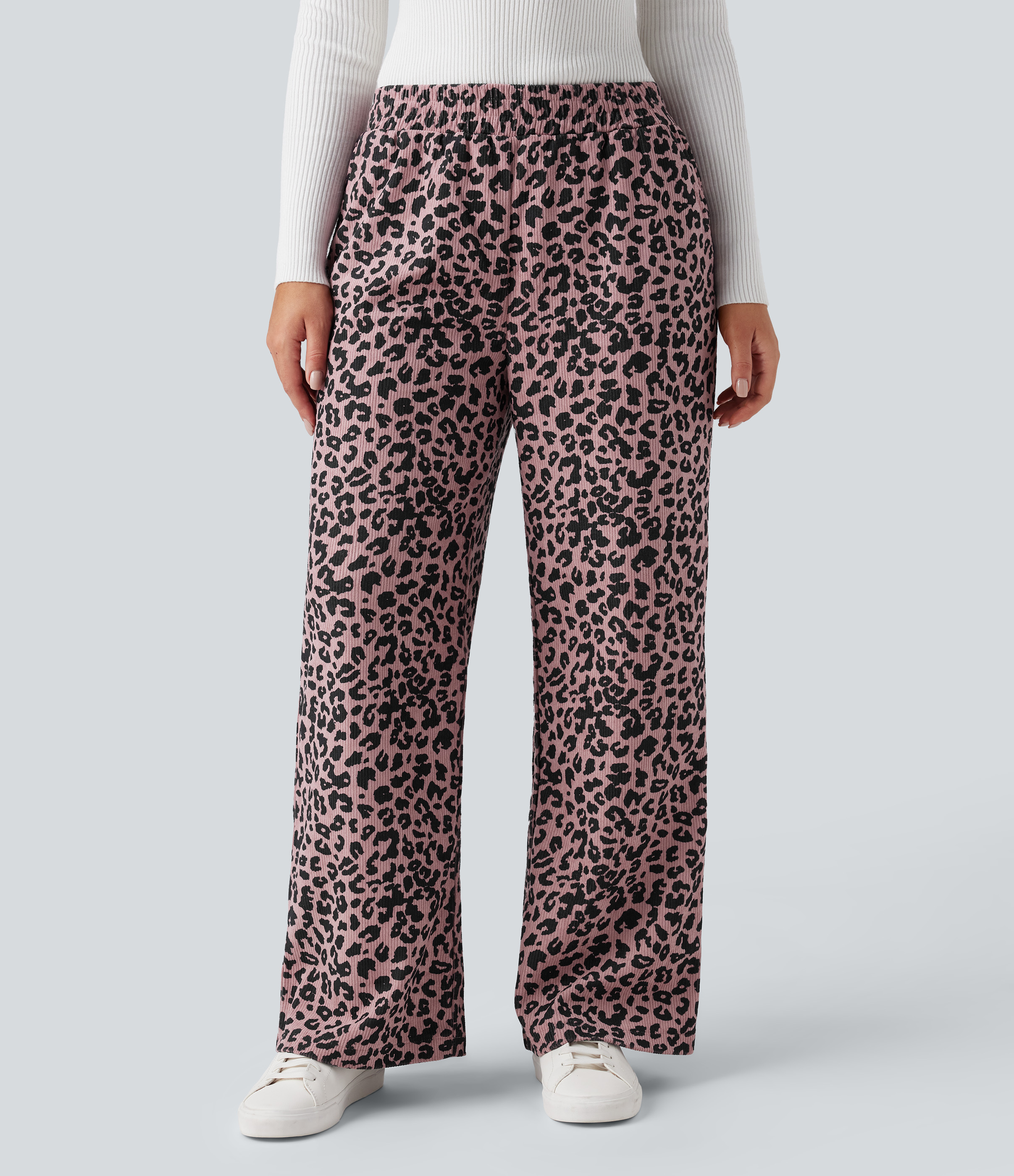 High Waisted Leopard Print Corduroy Casual Baggy Trousers with Pockets