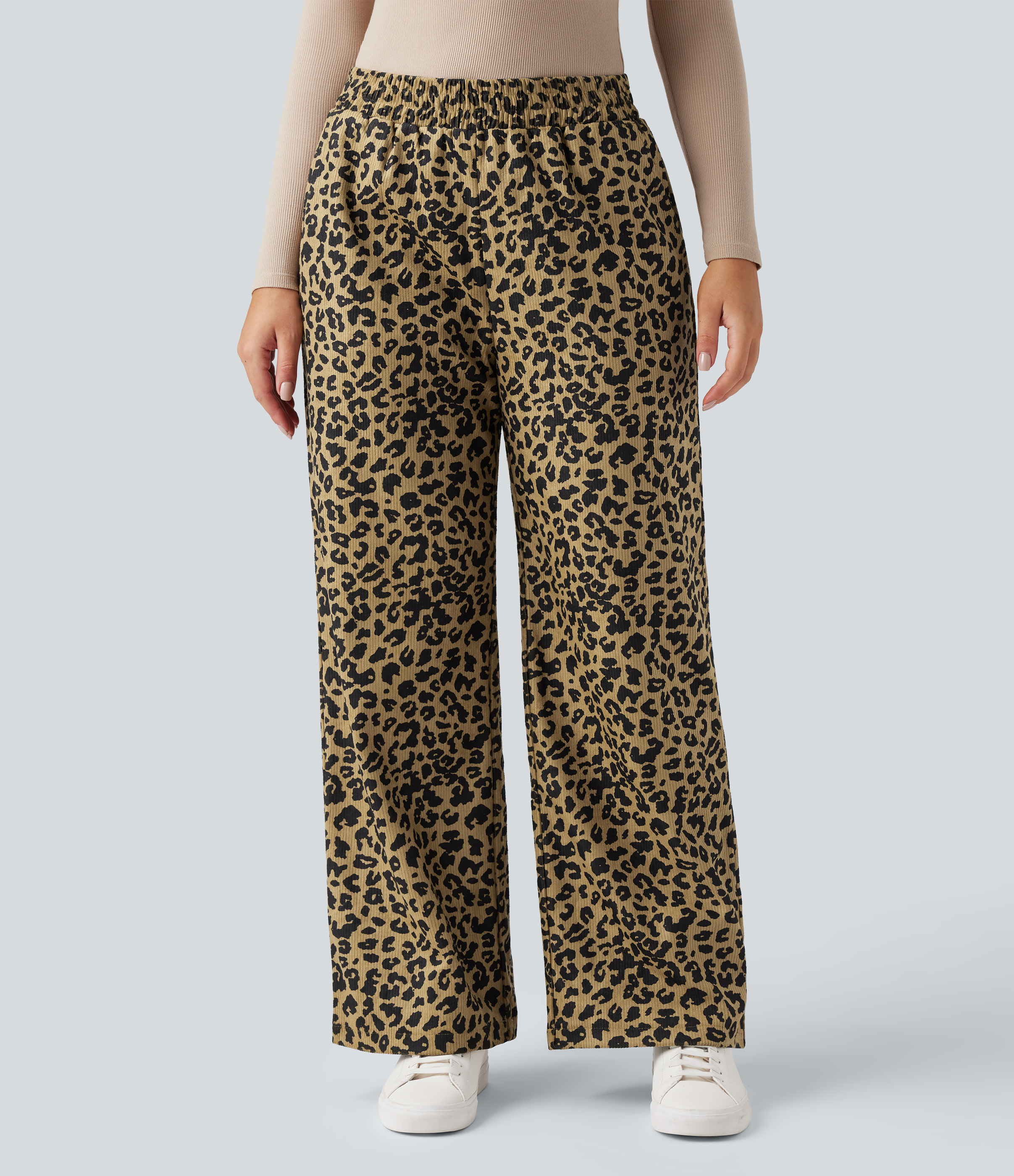 Pantalones holgados informales de pana con estampado de leopardo y cintura alta con bolsillos