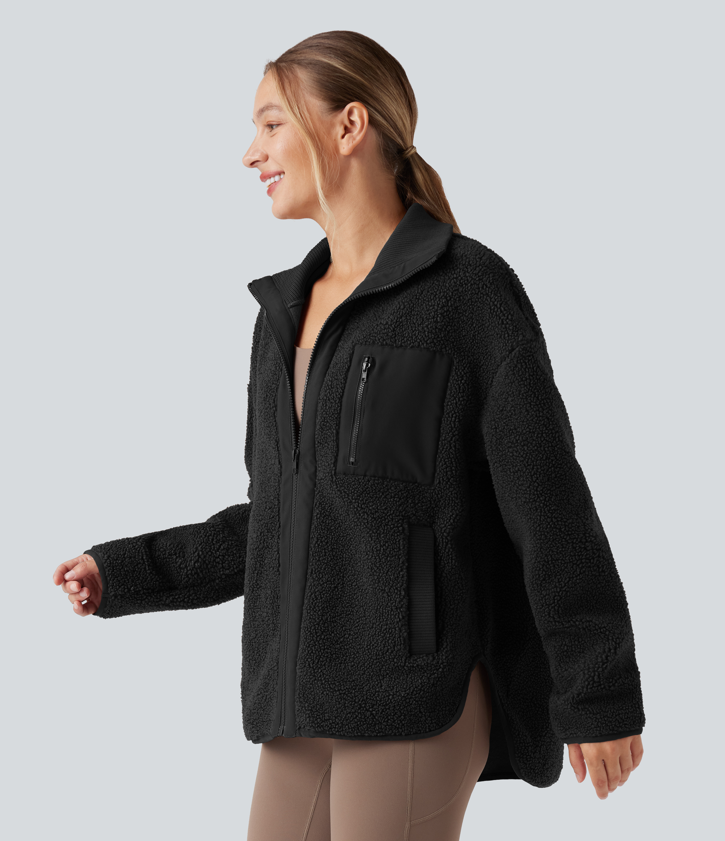 Long Sleeve High-Low Curved Hem Workout Sherpa Jacket with Pockets