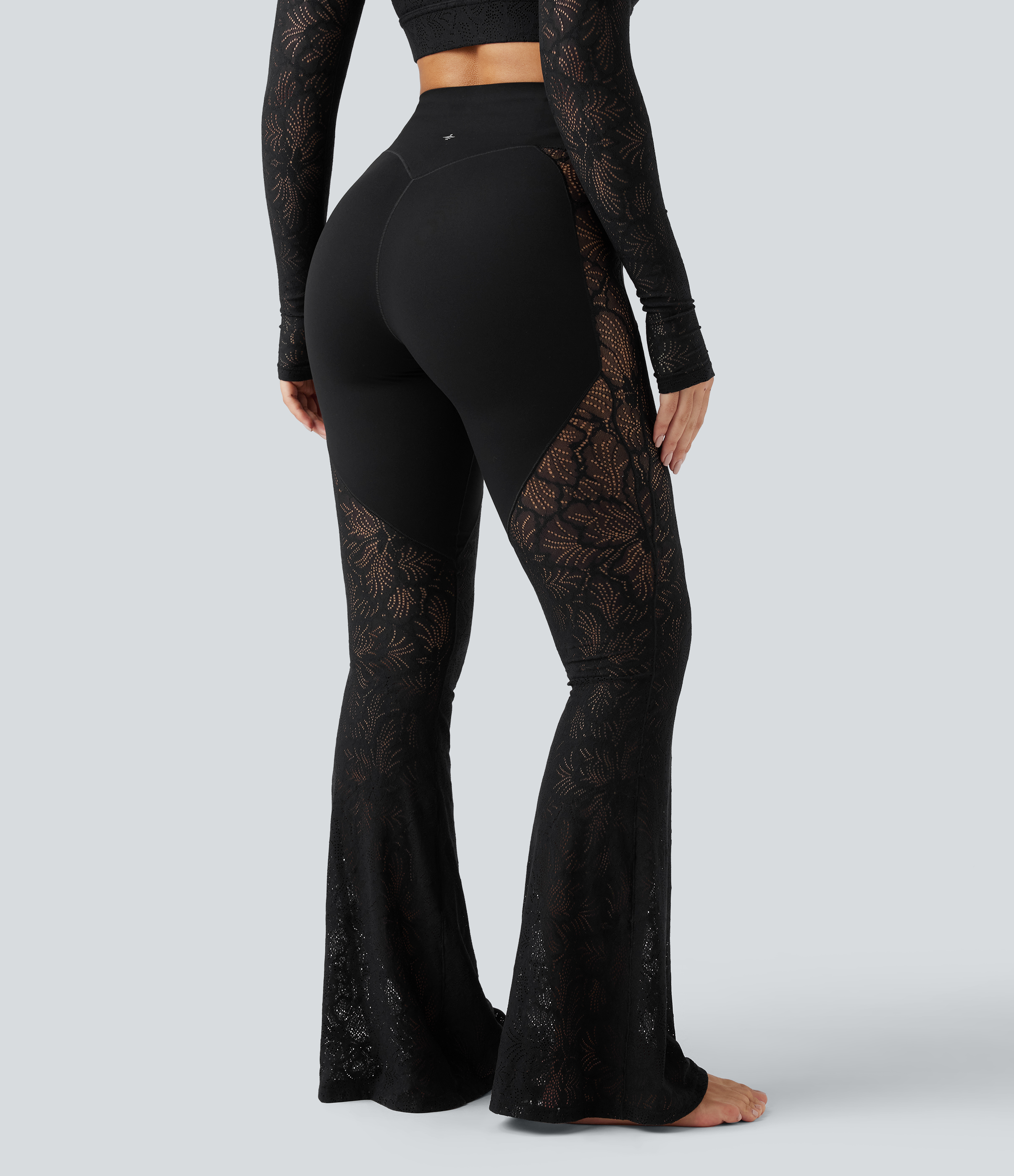 Black Halara UltraSculpt™ High Waisted Tummy Control Contrast Lace Yoga Flare Trousers with Pocket / 2