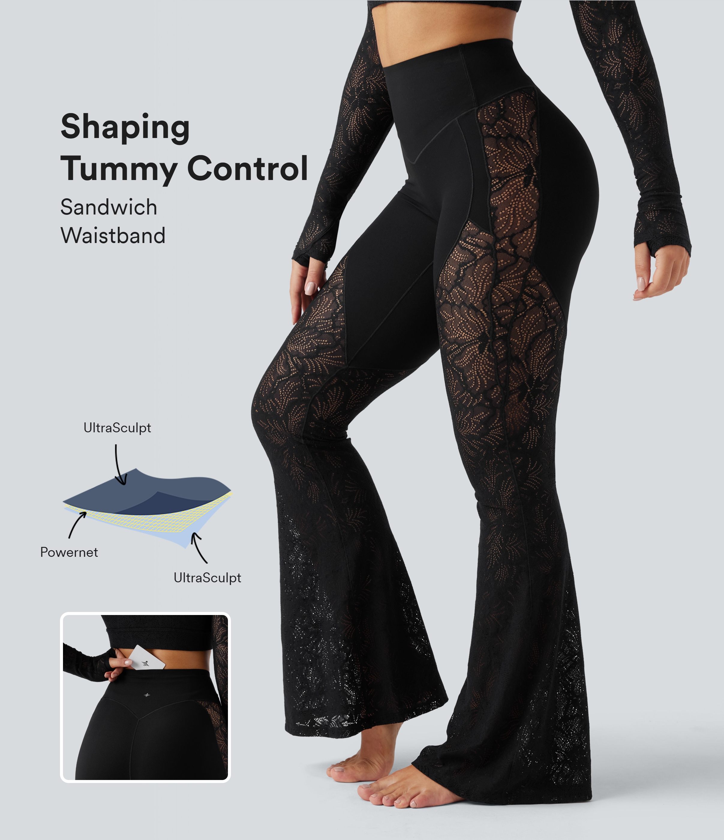 Pantalon de yoga évasé gainant taille haute avec dentelle contrastée et poche Halara UltraSculpt™
