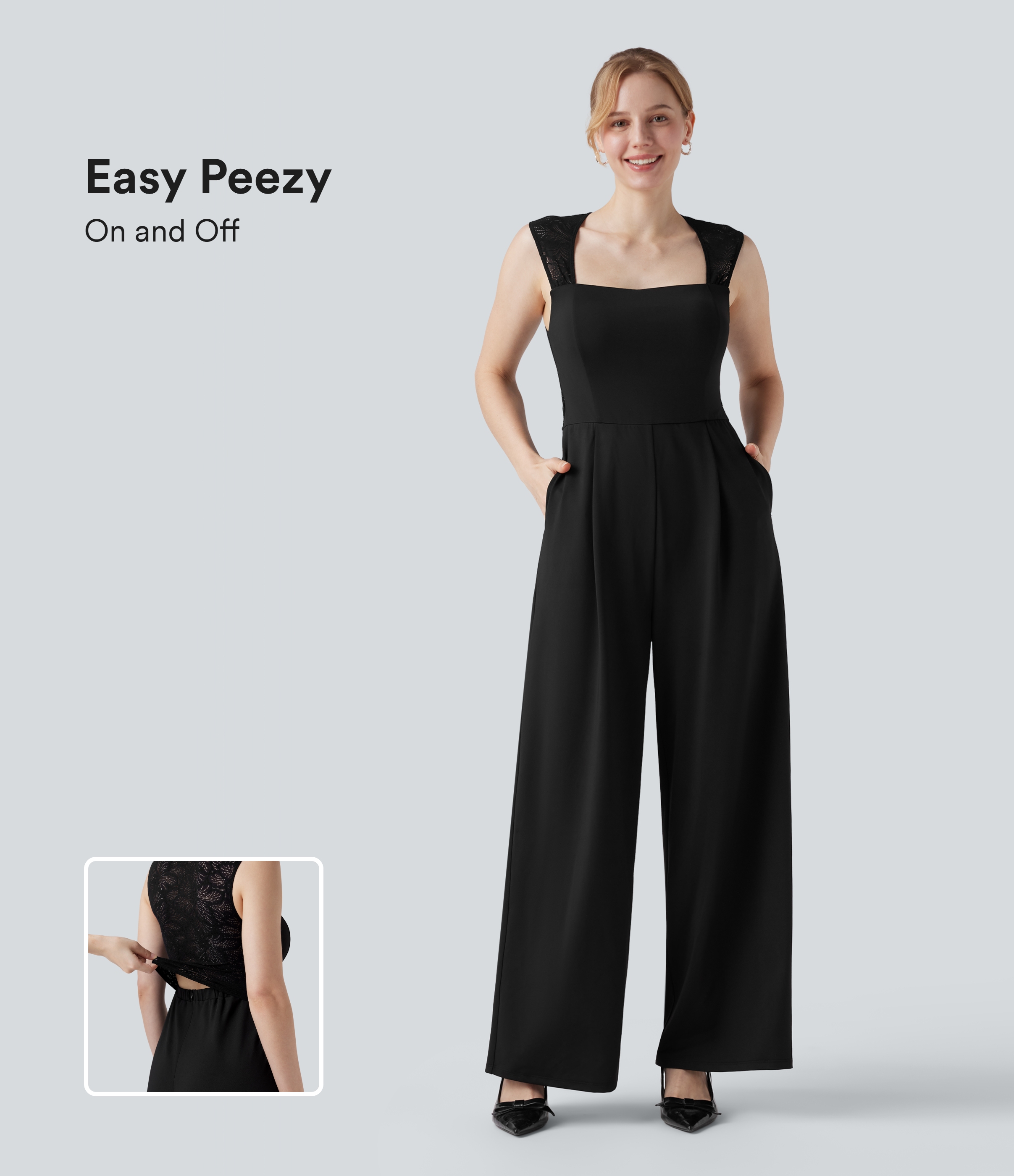 Square Neck Sleeveless Contrast Lace Bridesmaid And Wedding Guest Jumpsuit with Pockets-Easy Peezy