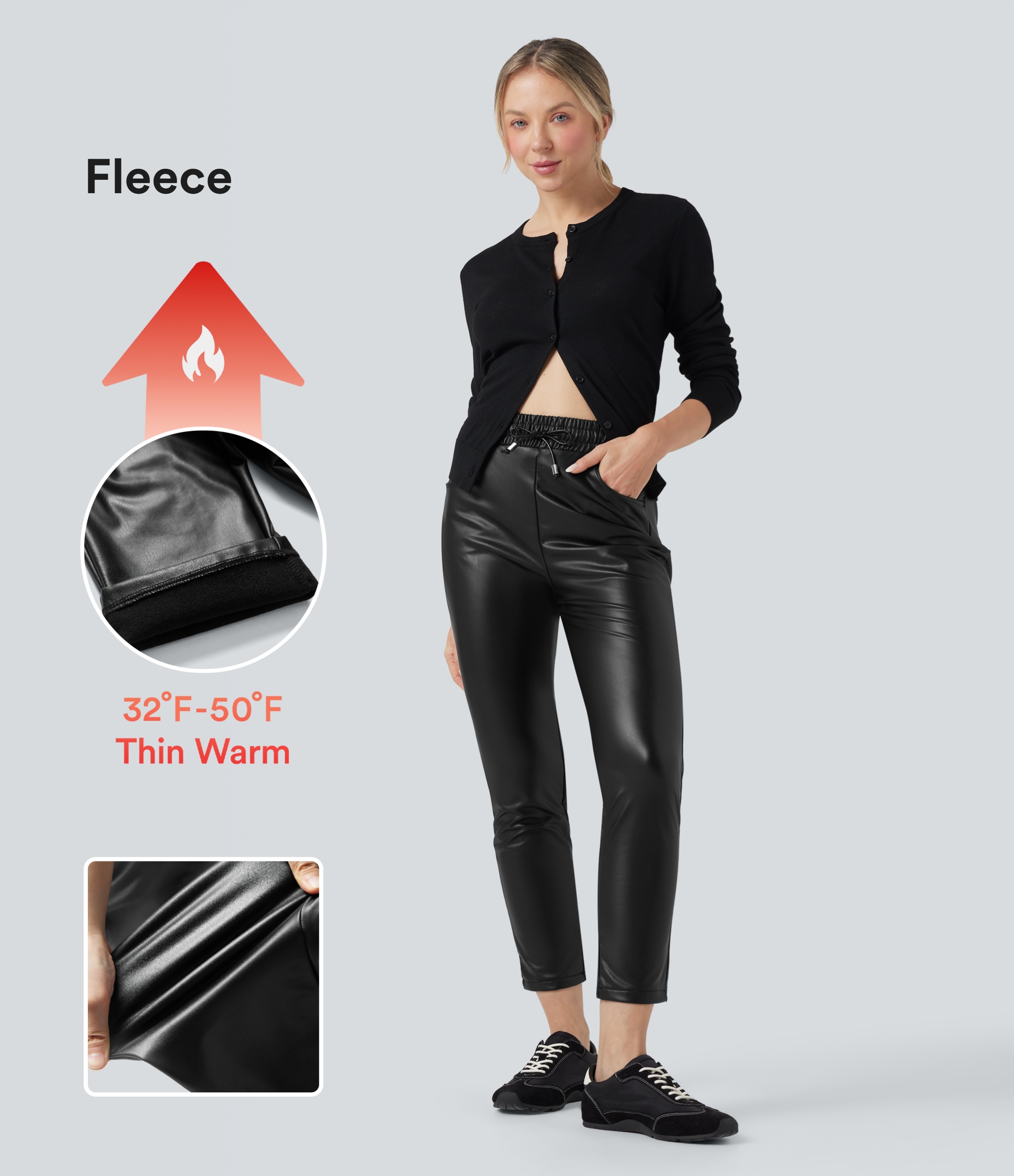 High Waisted Drawstring Stretchy PU Fleece 7/8 Casual Tapered Pants with Pockets