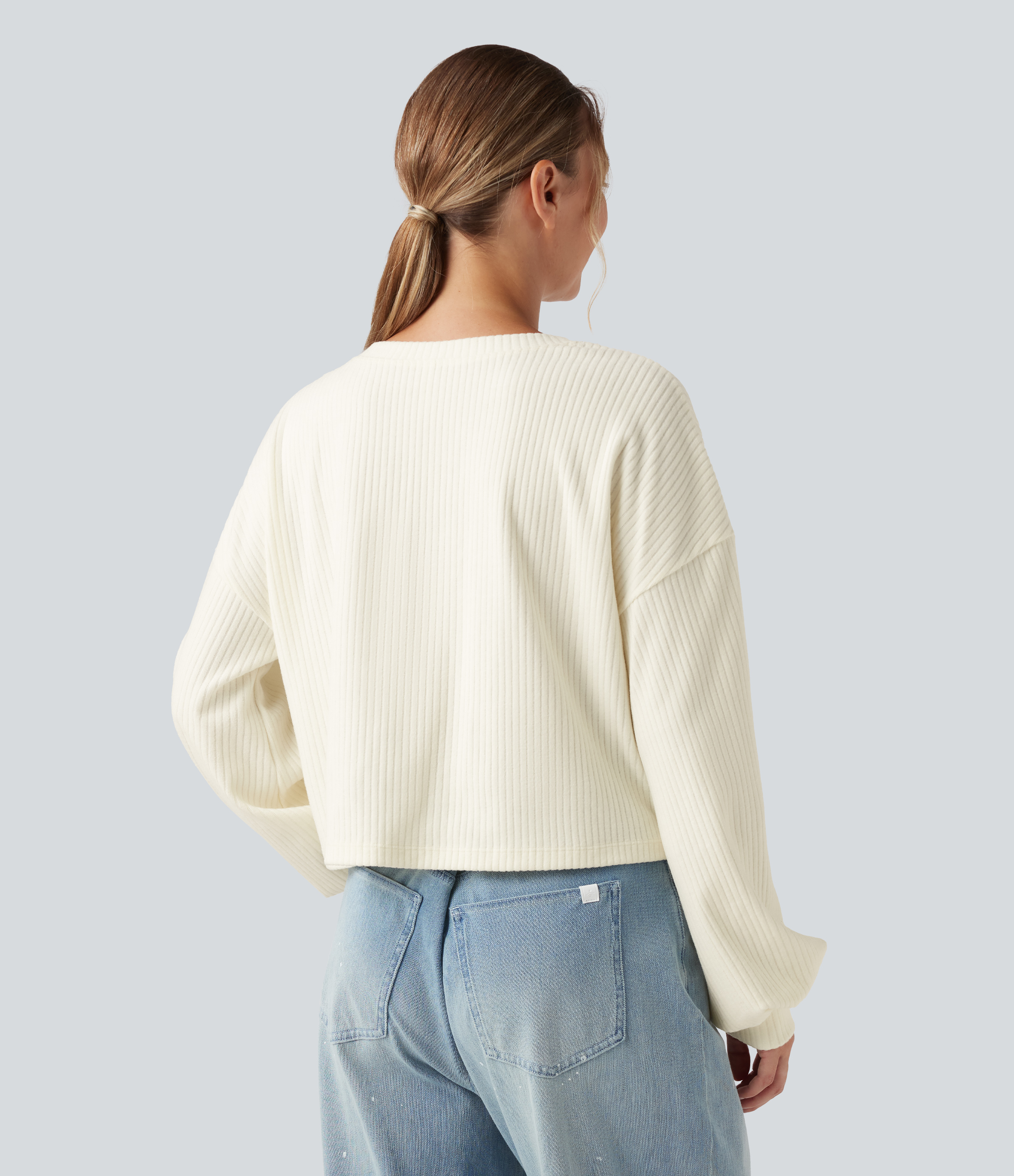 Vanilla Ice Ribbed Knit Round Neck Long Sleeve Twisted Hem Casual Sweatshirt / 2