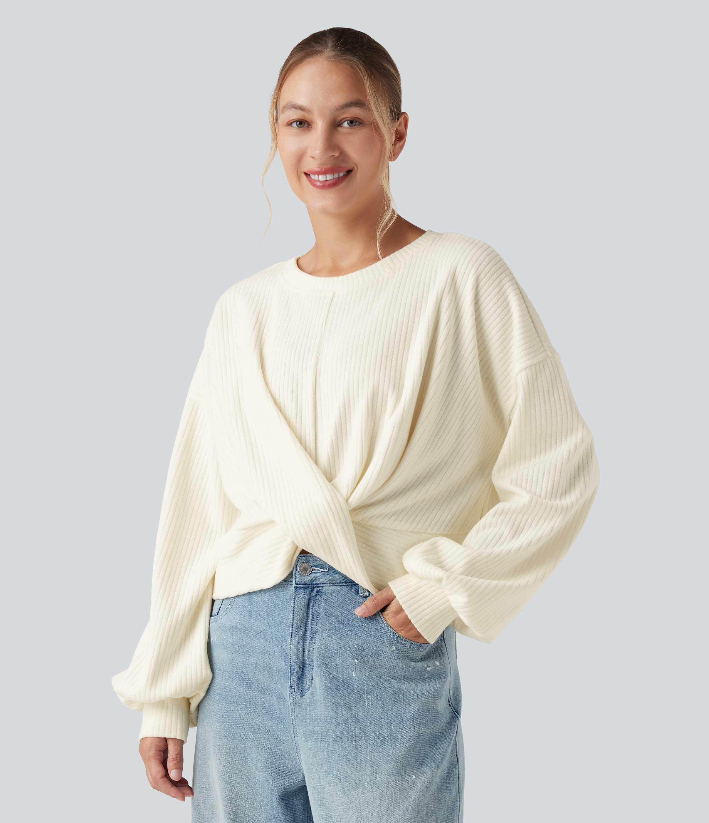 Ribbed Knit Round Neck Long Sleeve Twisted Hem Casual Sweatshirt