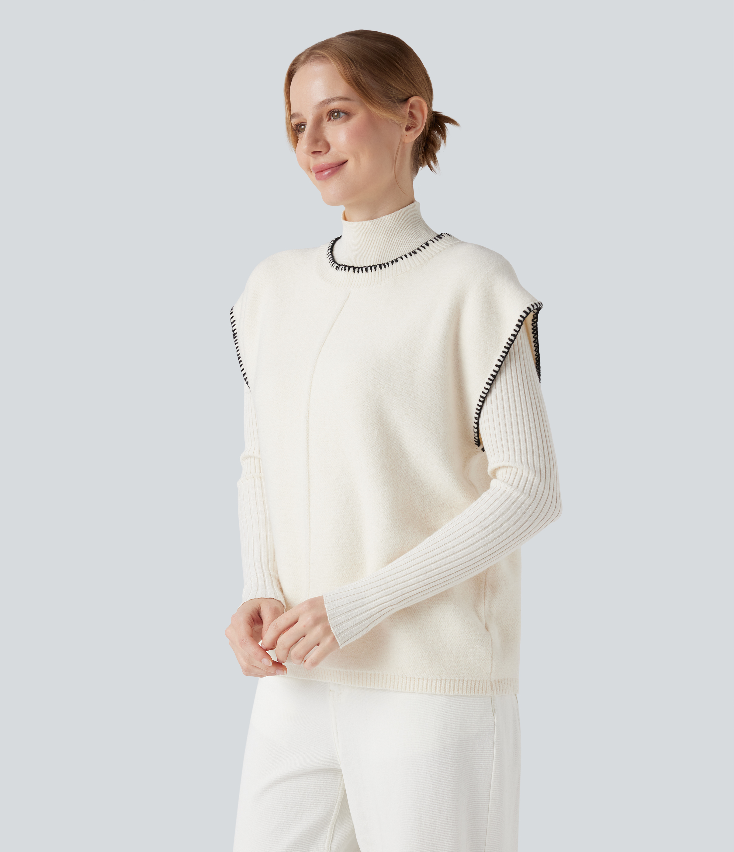 Chaleco de punto color block para trabajo con cuello redondo