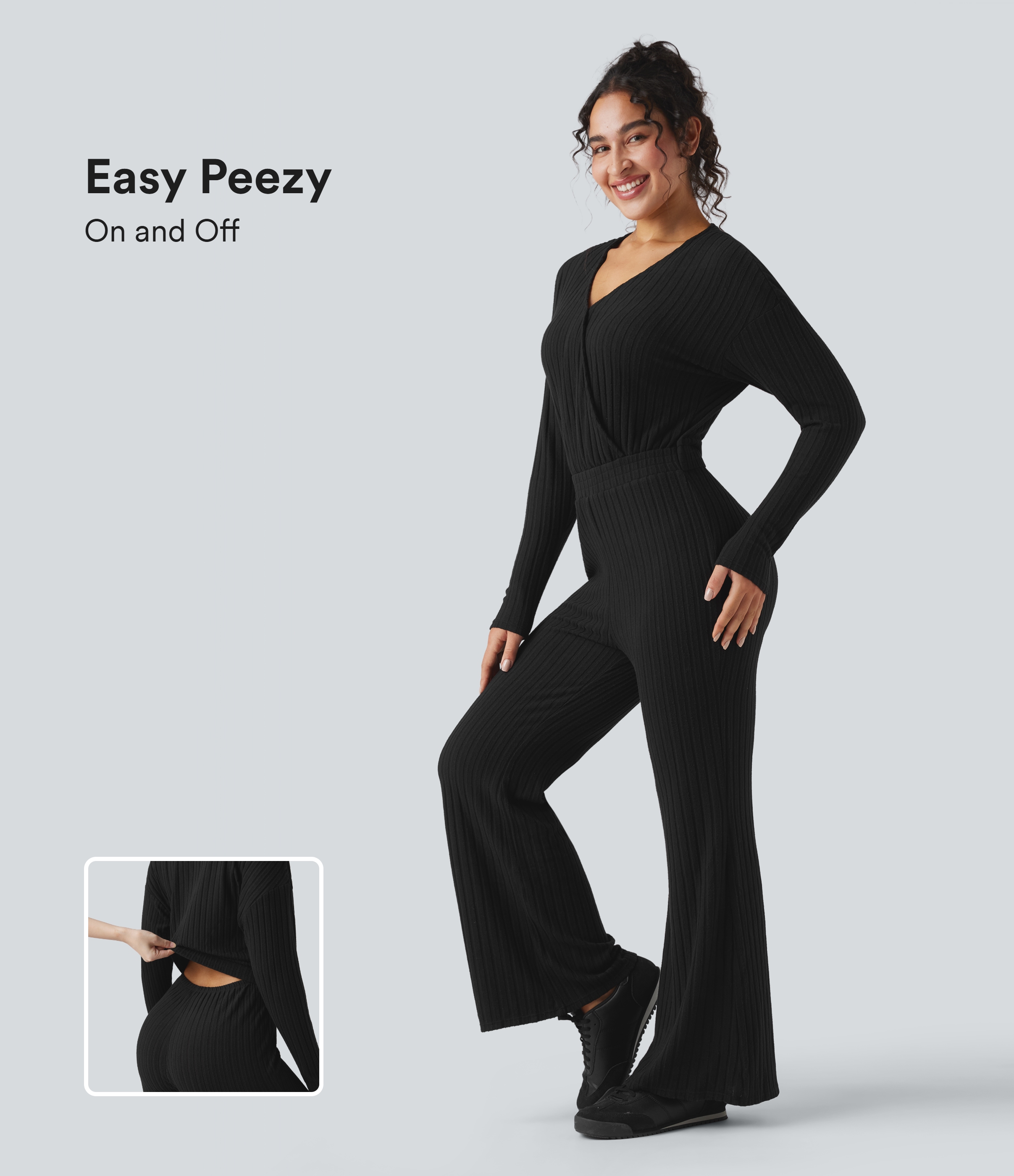 Ribbed Knit V-neck Long Sleeve Casual Jumpsuit-Easy Peezy