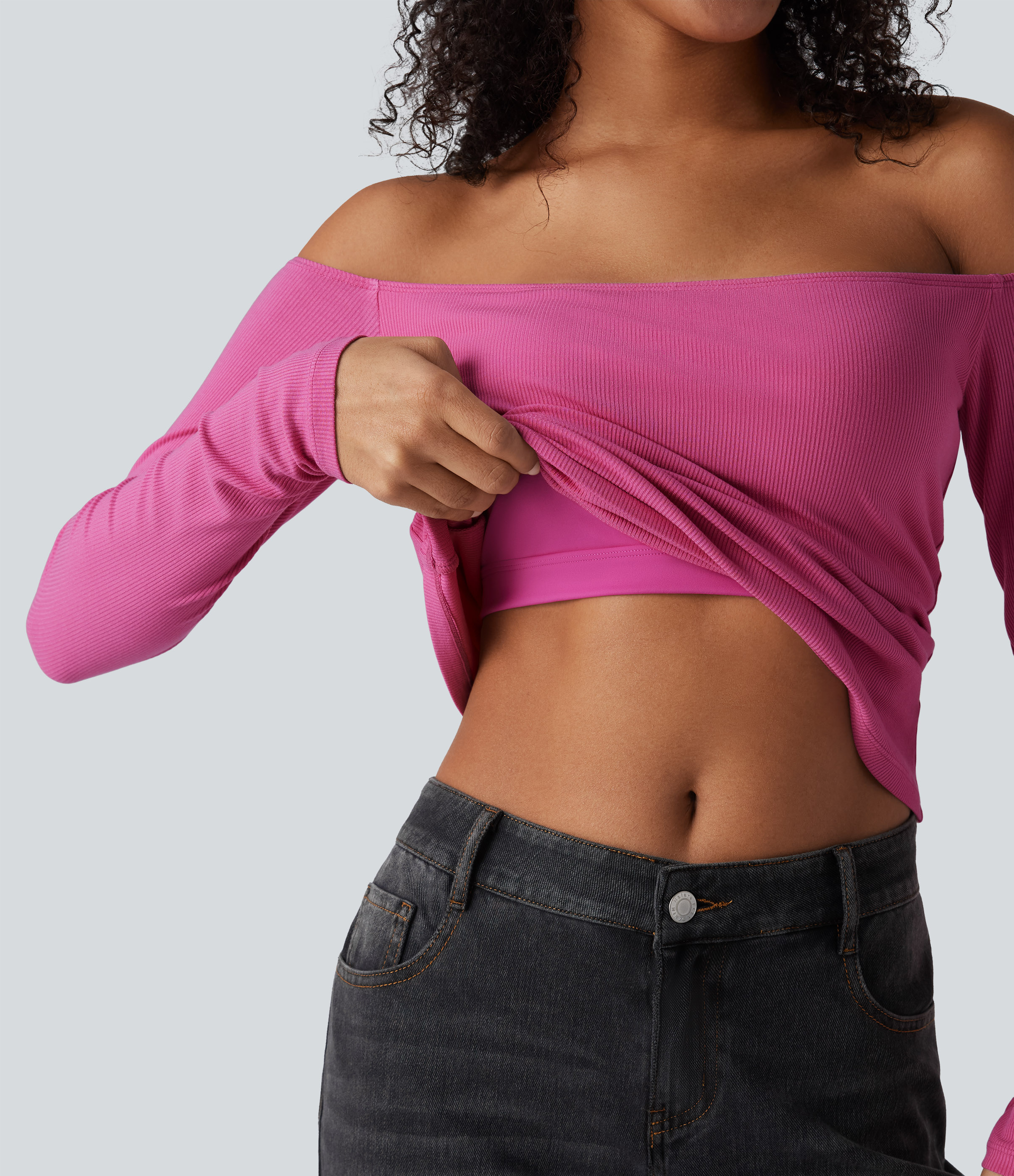 Ribbed Knit Off Shoulder Long Sleeve 2-in-1 Casual Top