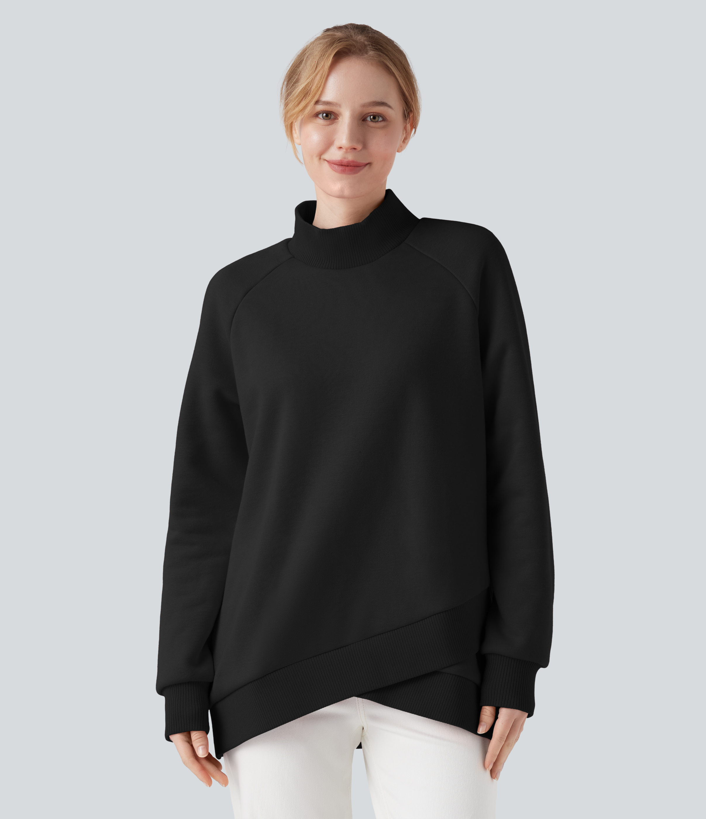 Mock-neck Raglan Long Sleeve Crossover Hem Fleece Casual Sweatshirt