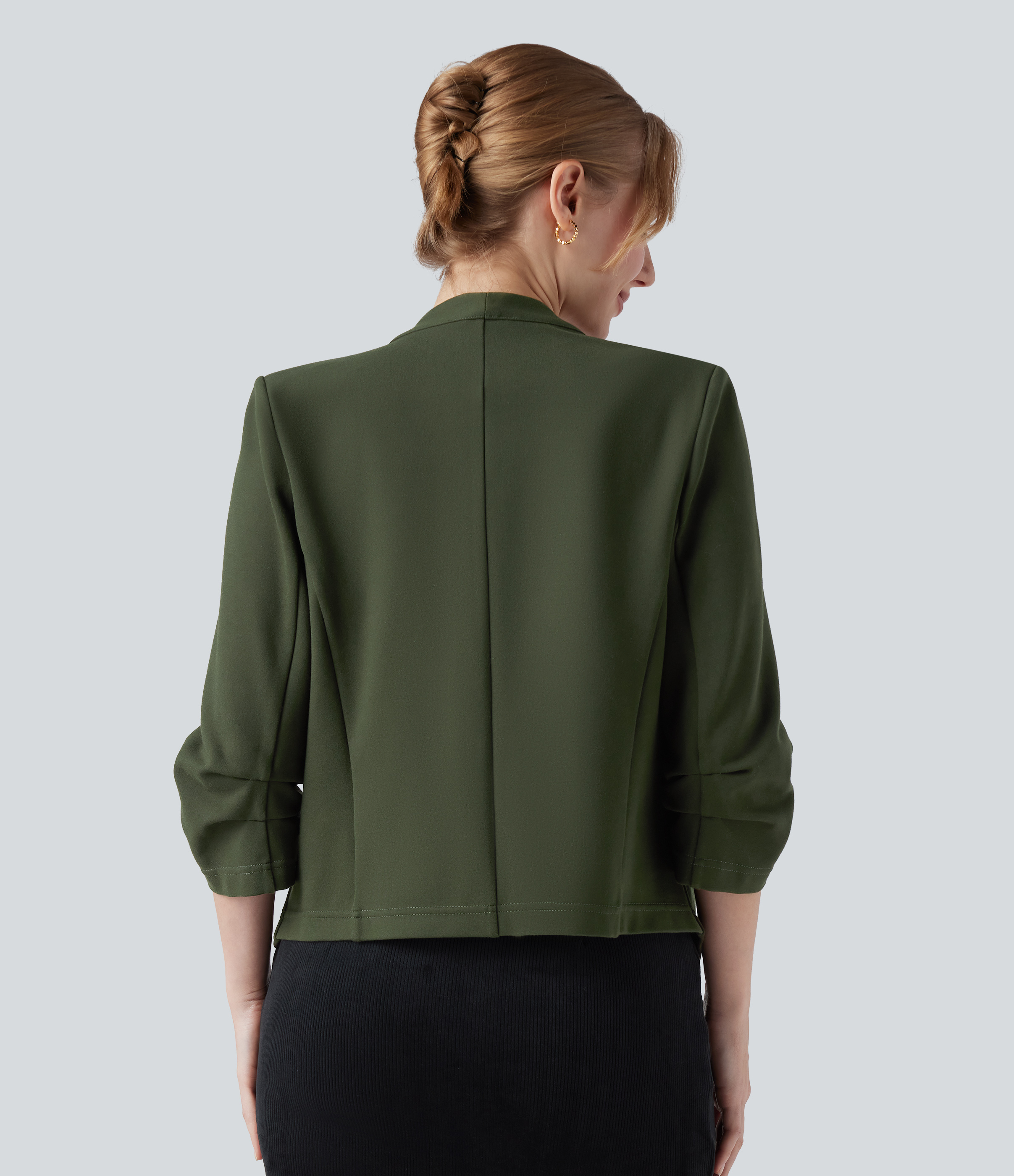 Deep Woodland Green Wear-Resistant V-neck 3/4 Sleeve Ponte Roma Work Blazer / 2
