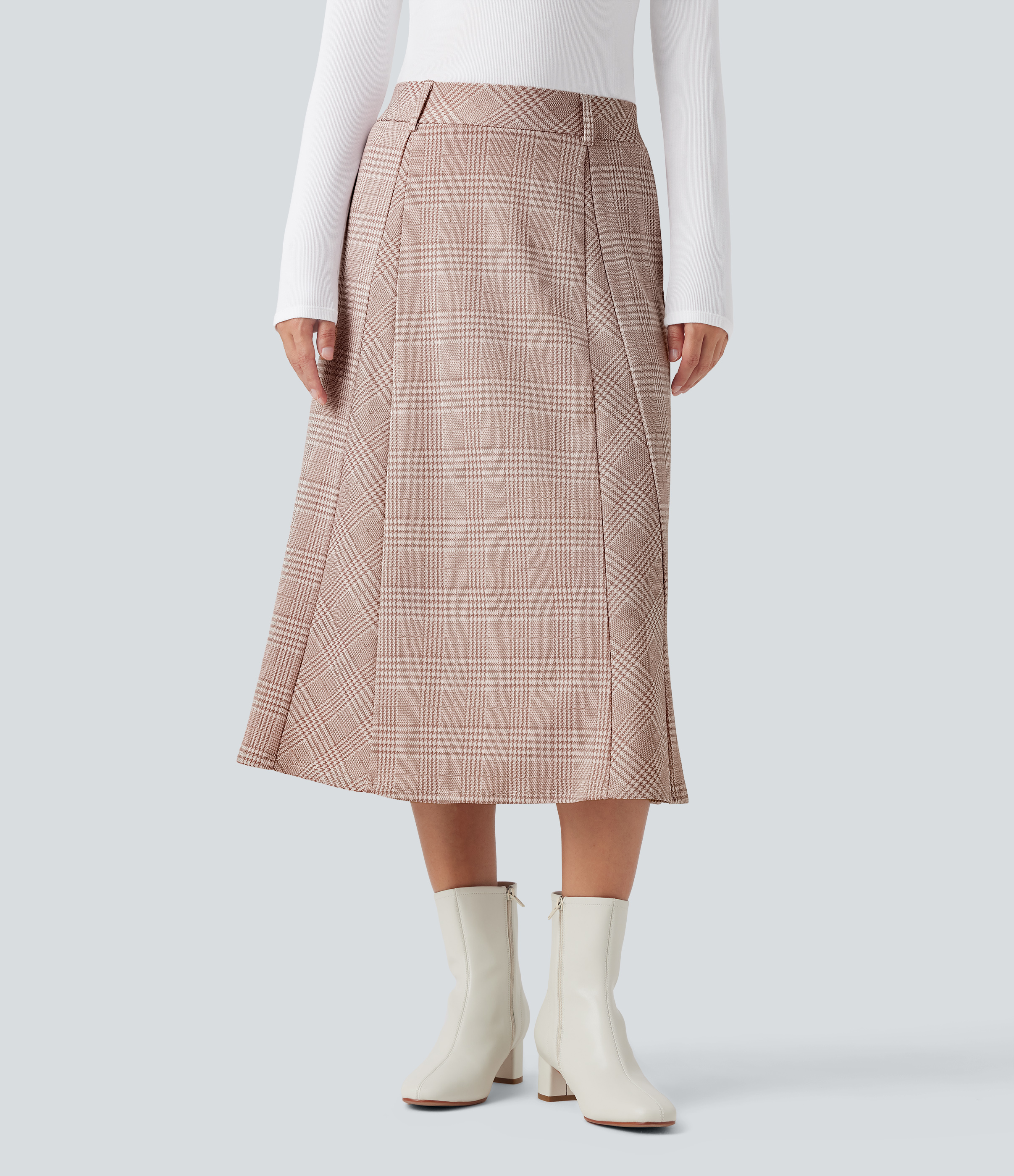 High Waisted A Line Houndstooth Plaid Midi Work Skirt with Pockets