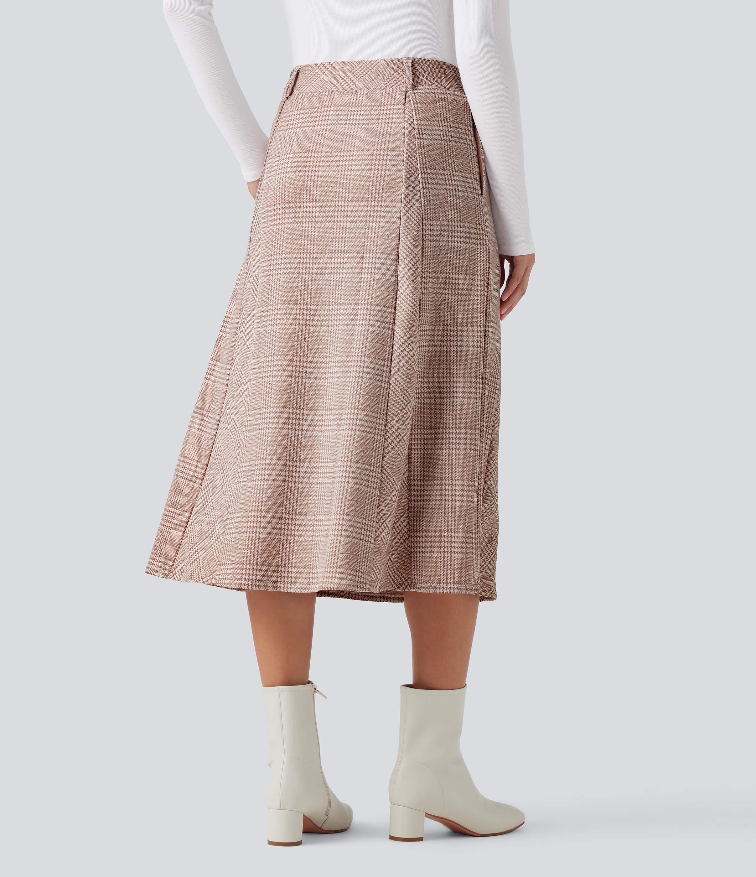 Bean Paste Houndstooth Plaid Jupe de travail mi-longue taille haute coupe trapèze pied-de-poule et carreaux avec poches / 2