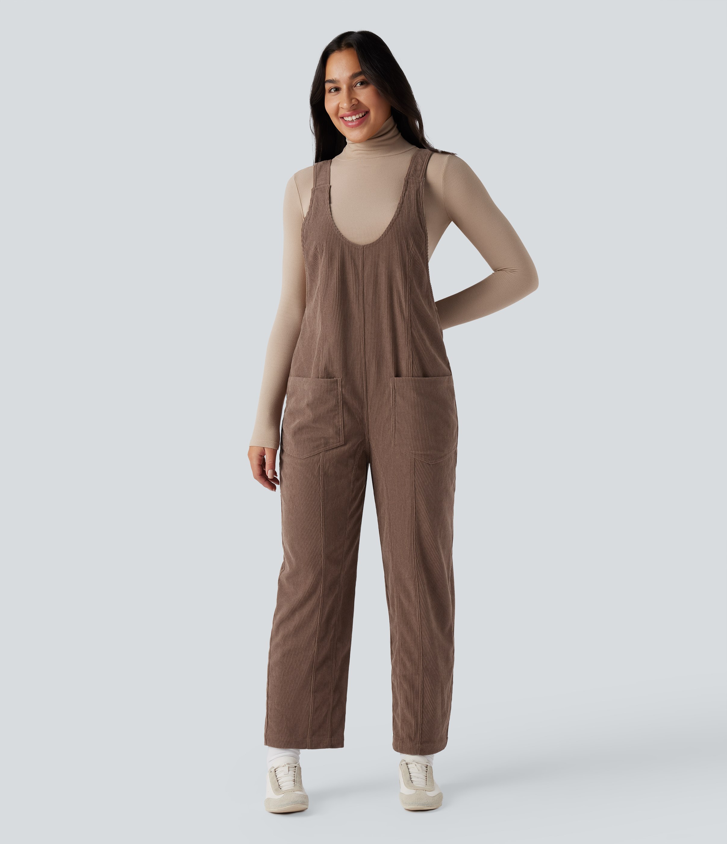 V Neck Corduroy Casual Overalls with Pockets