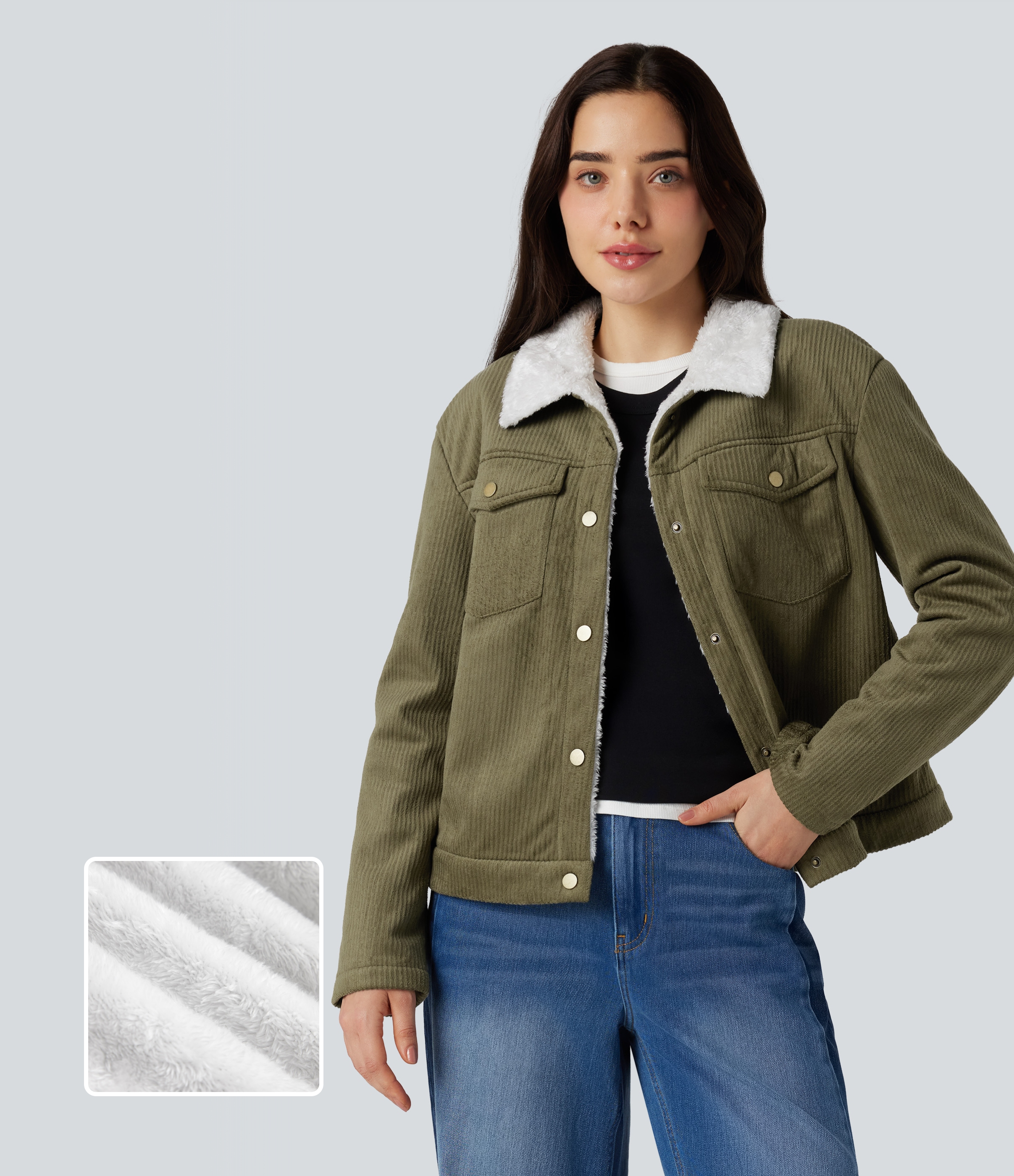 Long Sleeve Casual Corduroy Sherpa Jacket with Pockets