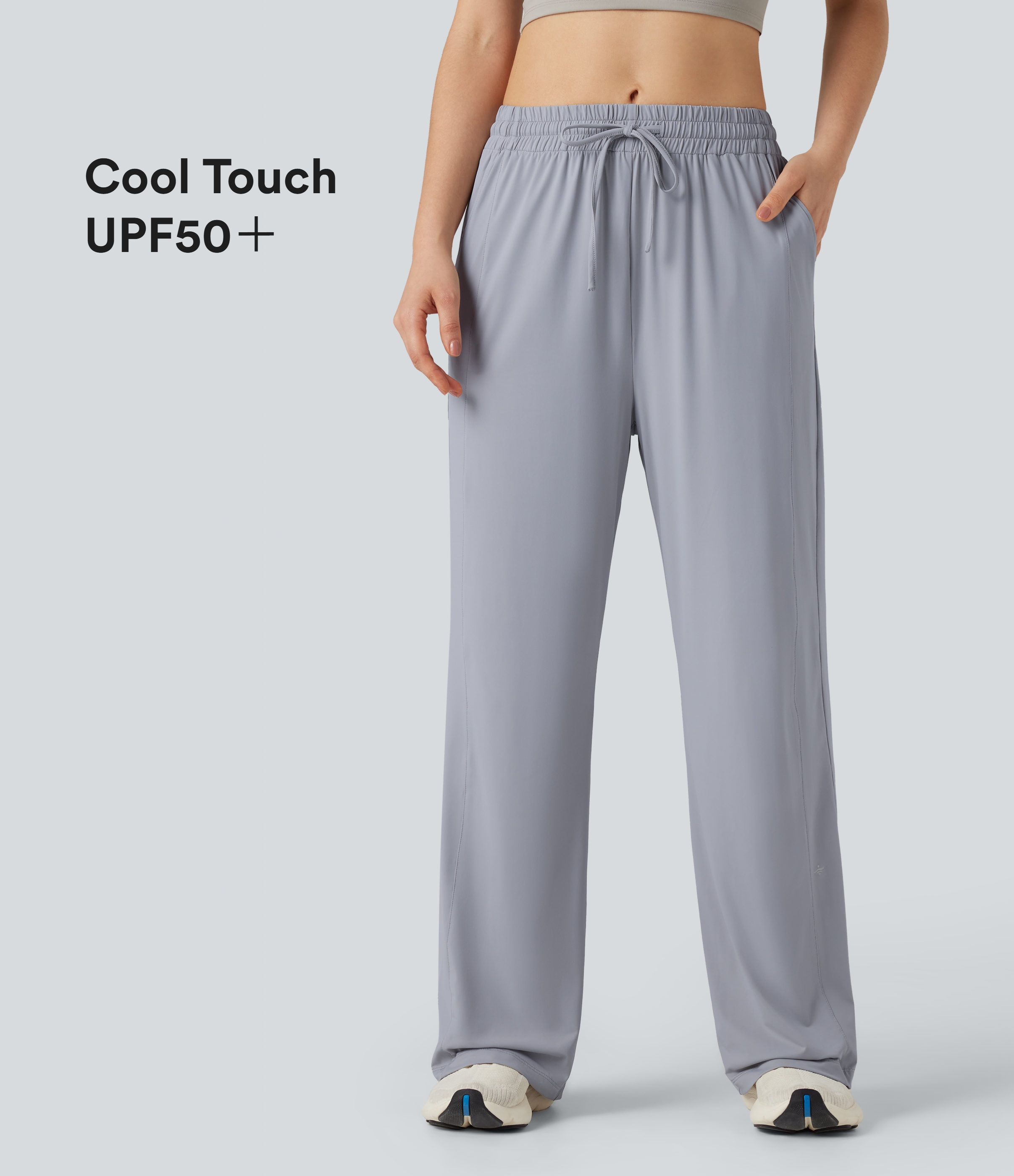 Mid Rise Drawstring Cool Touch Hiking Baggy Pants with Pockets-UPF50+