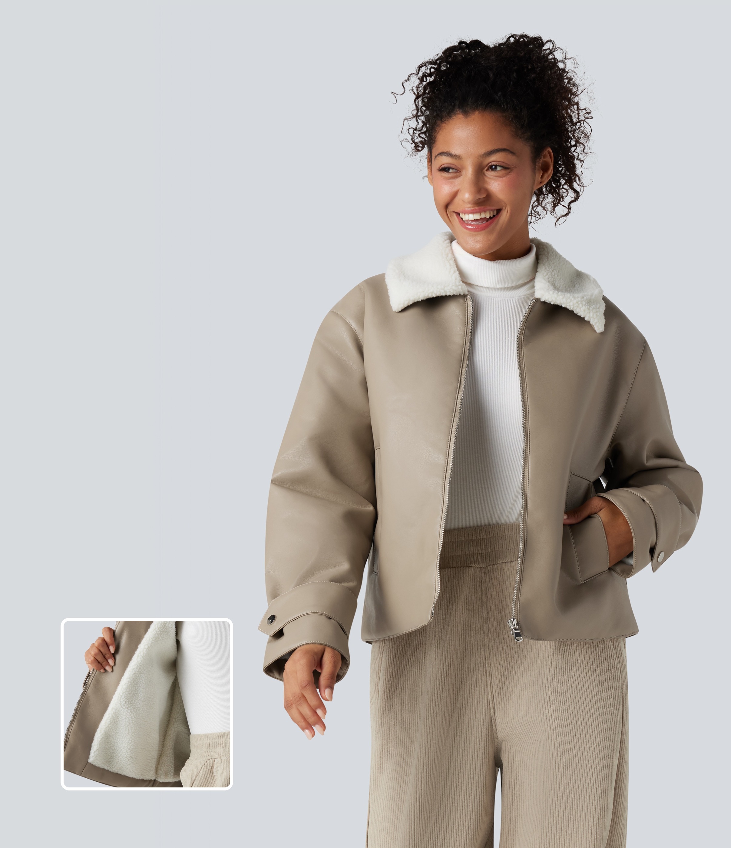 Veste décontractée sherpa tissu enduit col classique à manches longues et zip avec poches