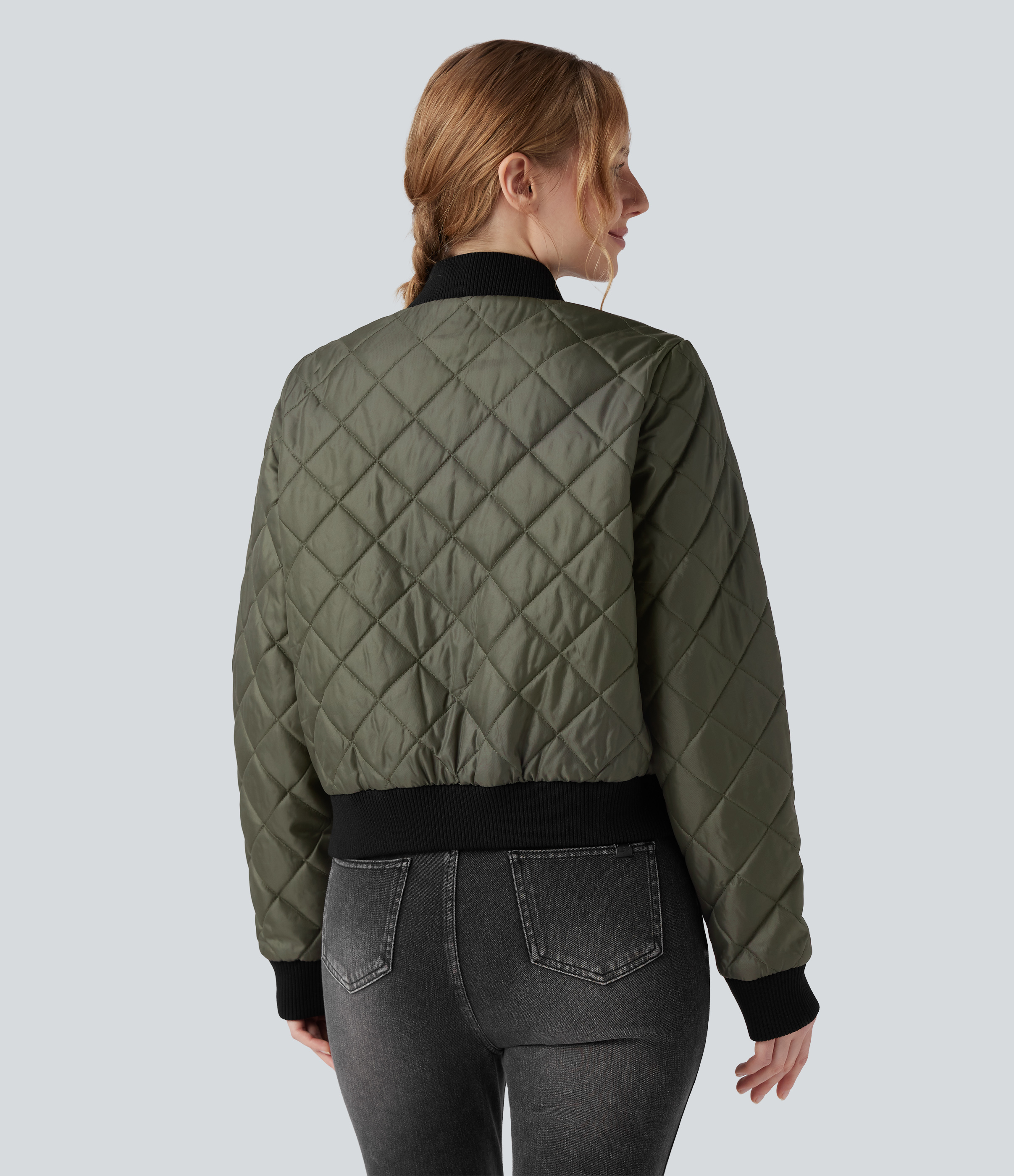Deep Lichen Green Legere, wattierte Bomberjacke mit Reißverschluss und Taschen / 2