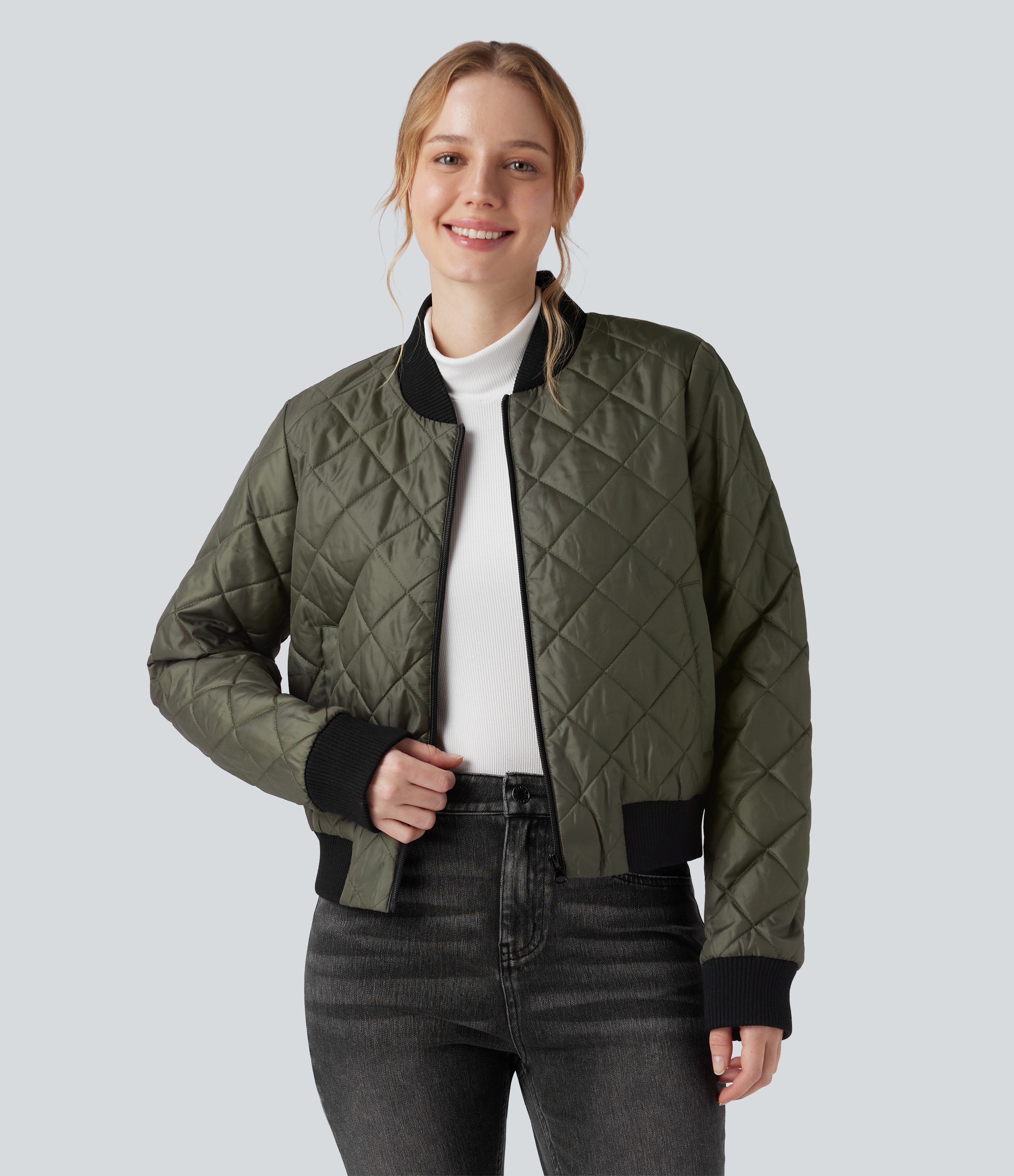 Zip Fly Casual Padded Bomber Jacket with Pockets