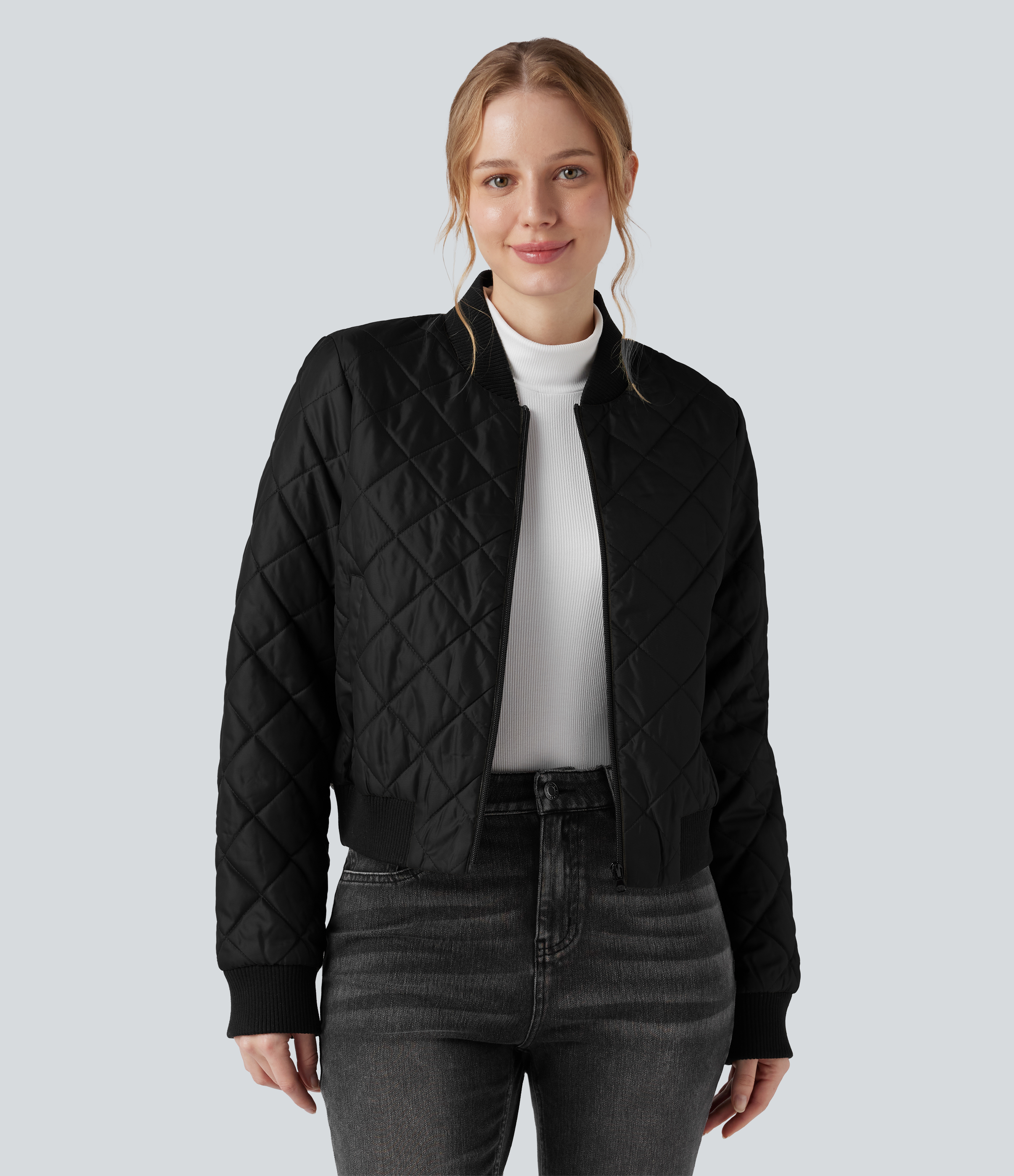 Zip Fly Casual Padded Bomber Jacket with Pockets
