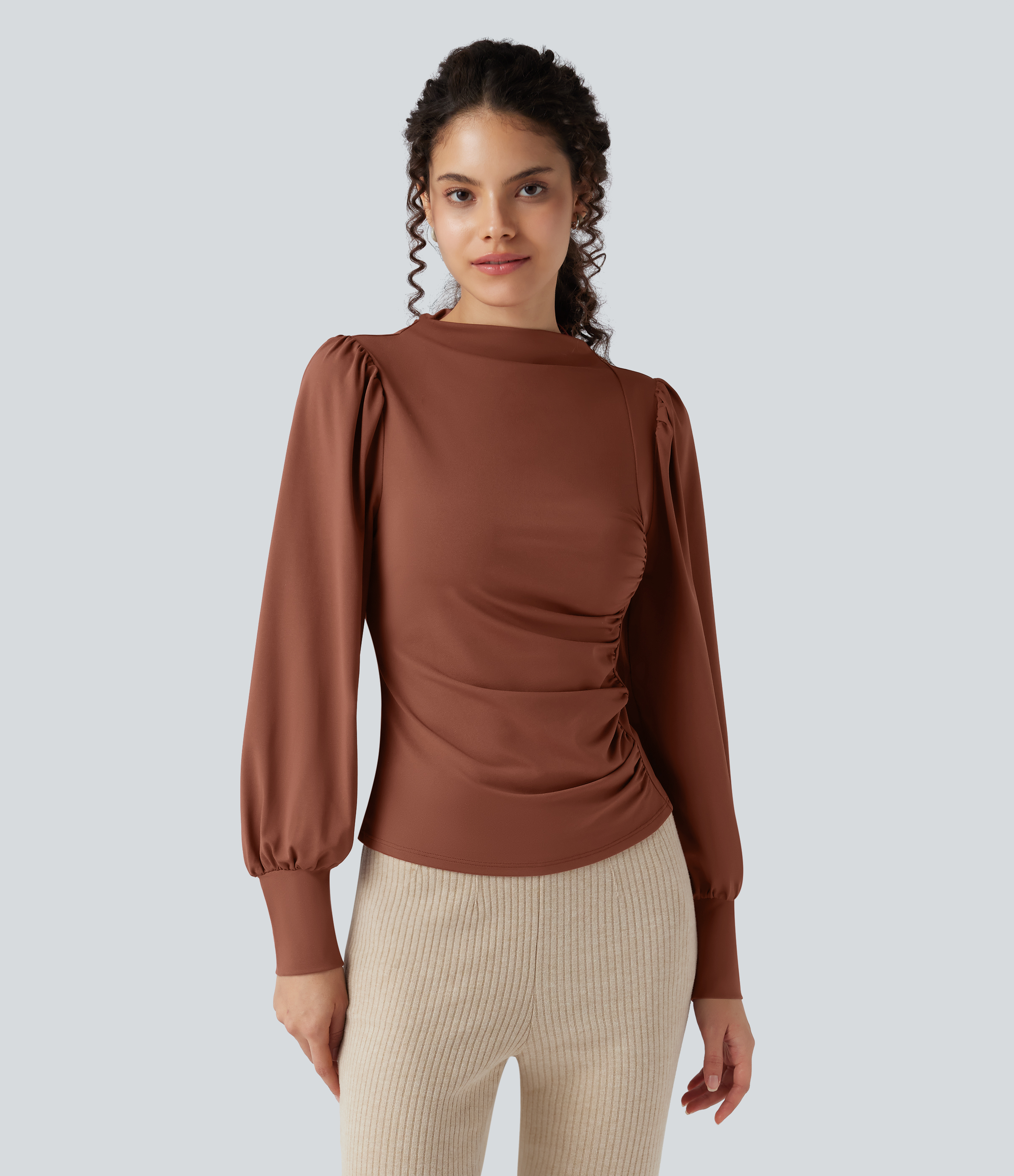 Maple Syrup Mock Neck Long Sleeve Ruched Casual Top / 1