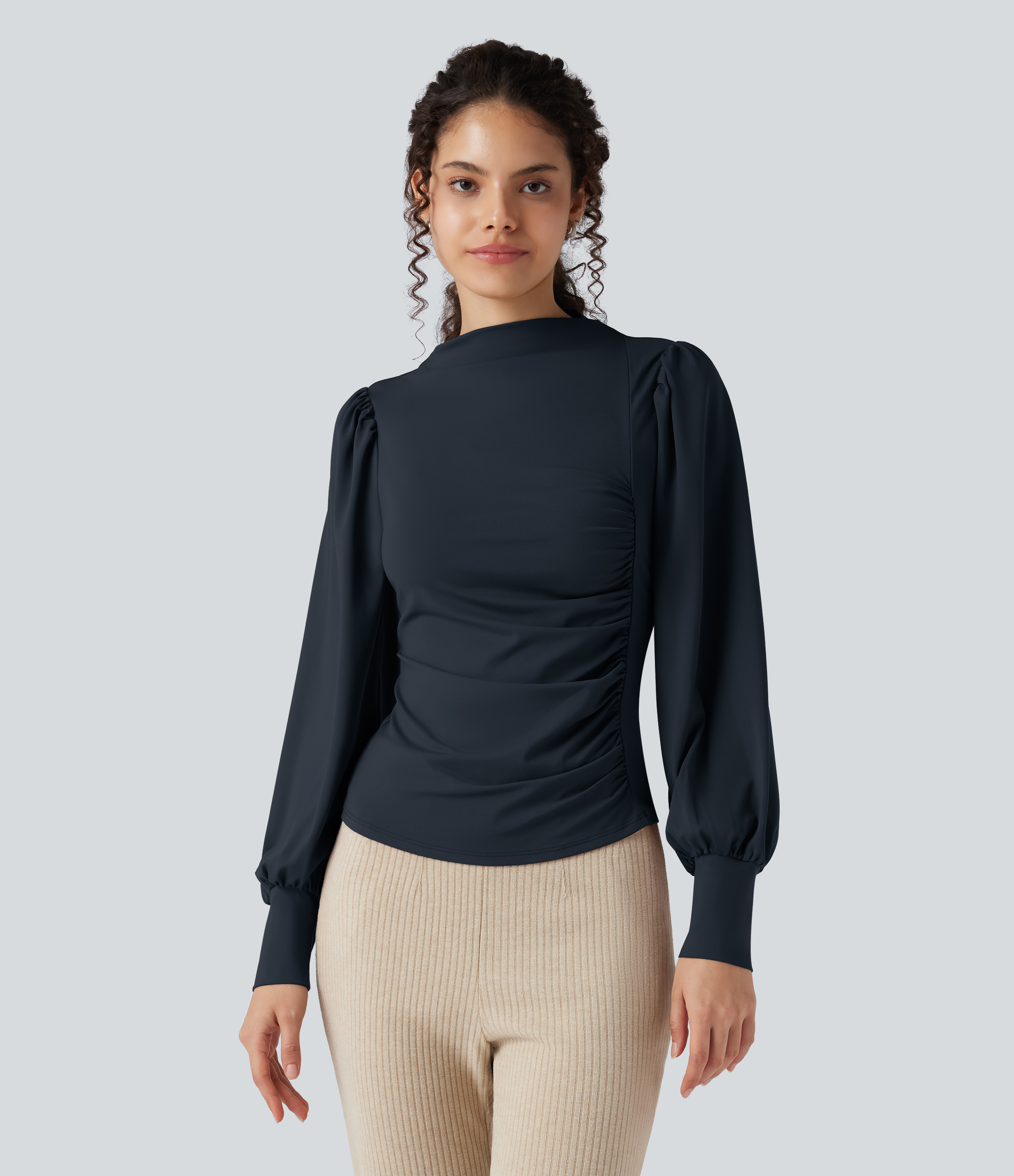 Mock Neck Long Sleeve Ruched Casual Top