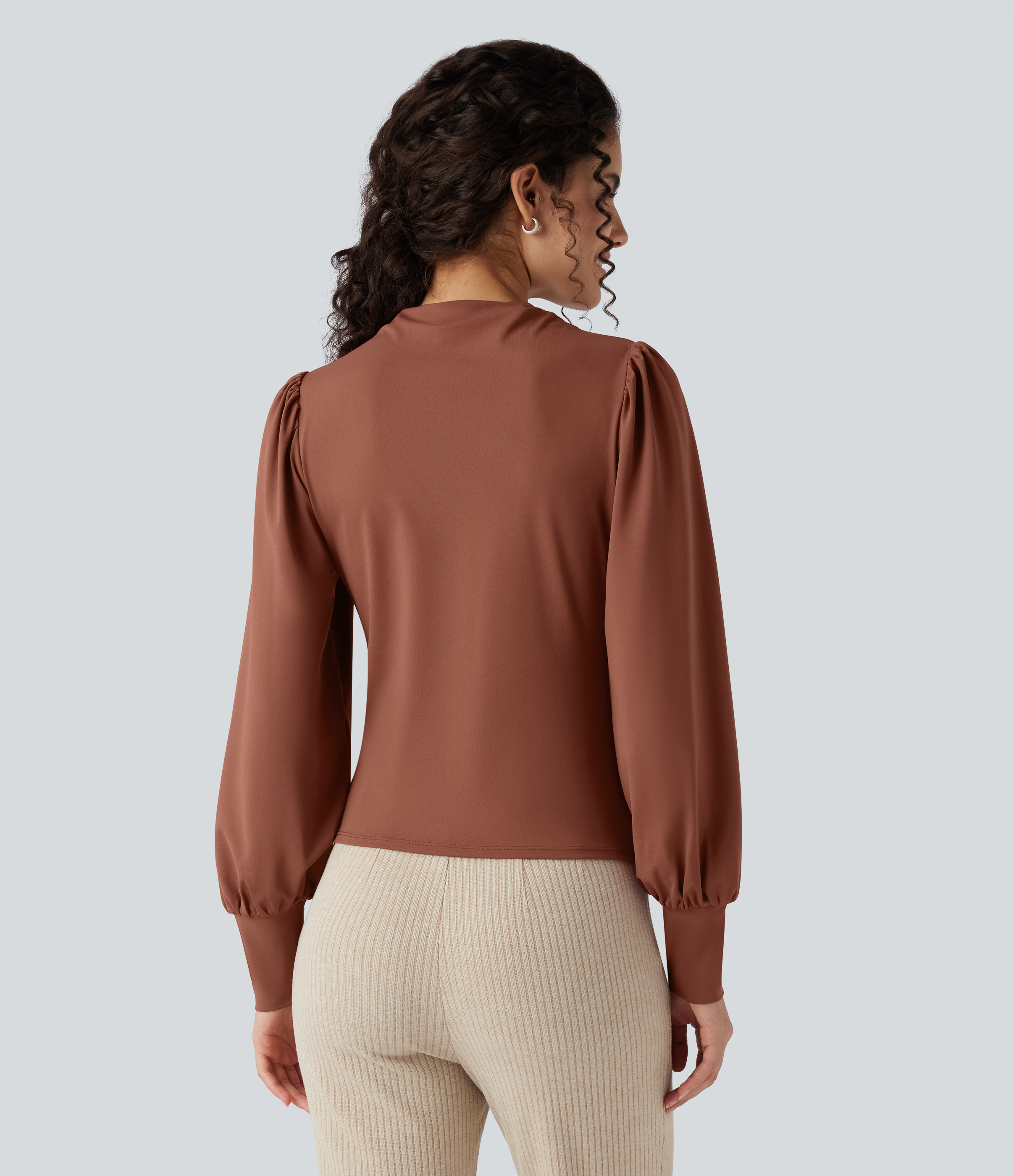 Maple Syrup Mock Neck Long Sleeve Ruched Casual Top / 2