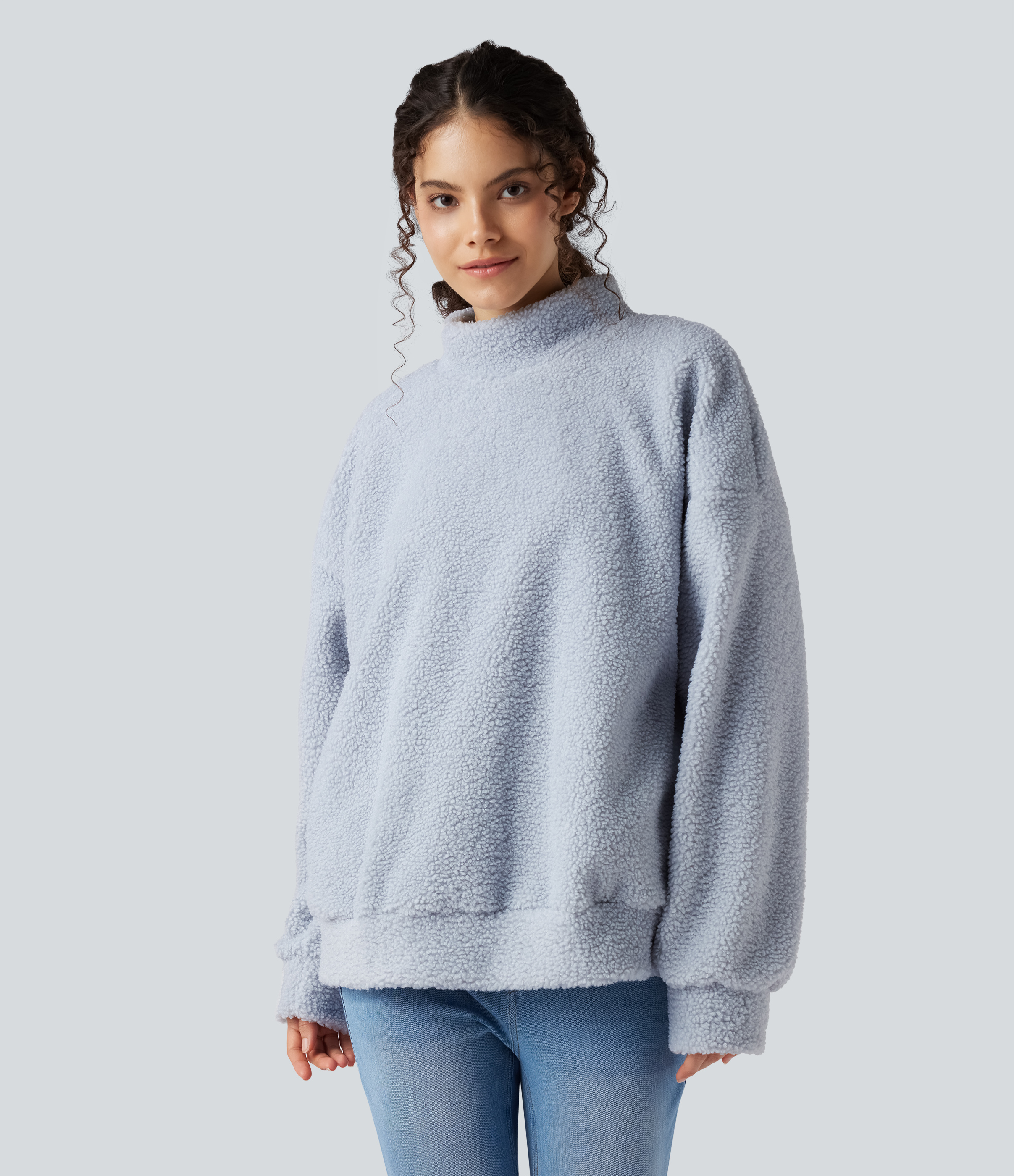 Mock Neck Long Sleeve Casual Sherpa Sweatshirt with Pockets