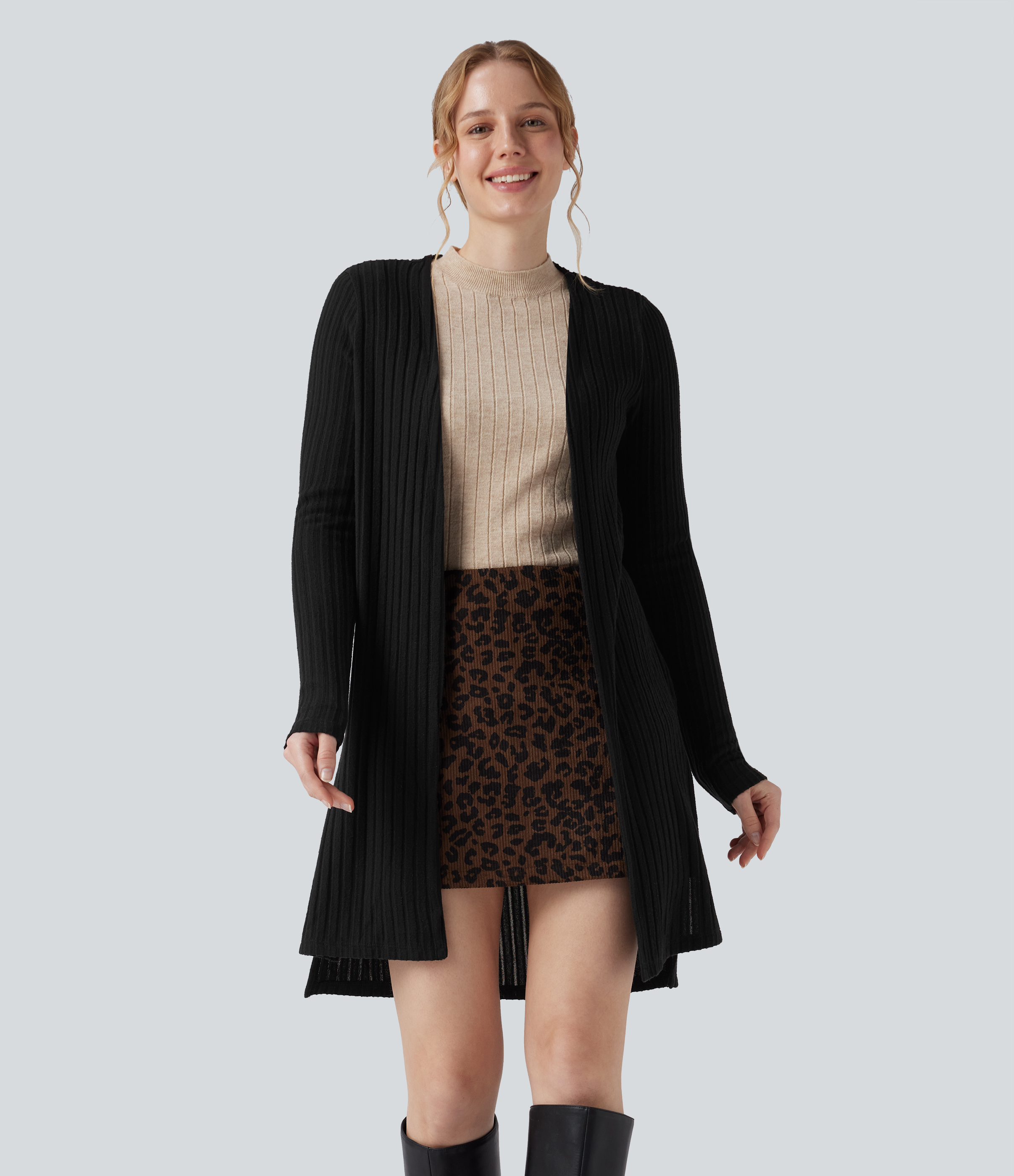 Ribbed Knit Long Sleeve Split Casual Coat