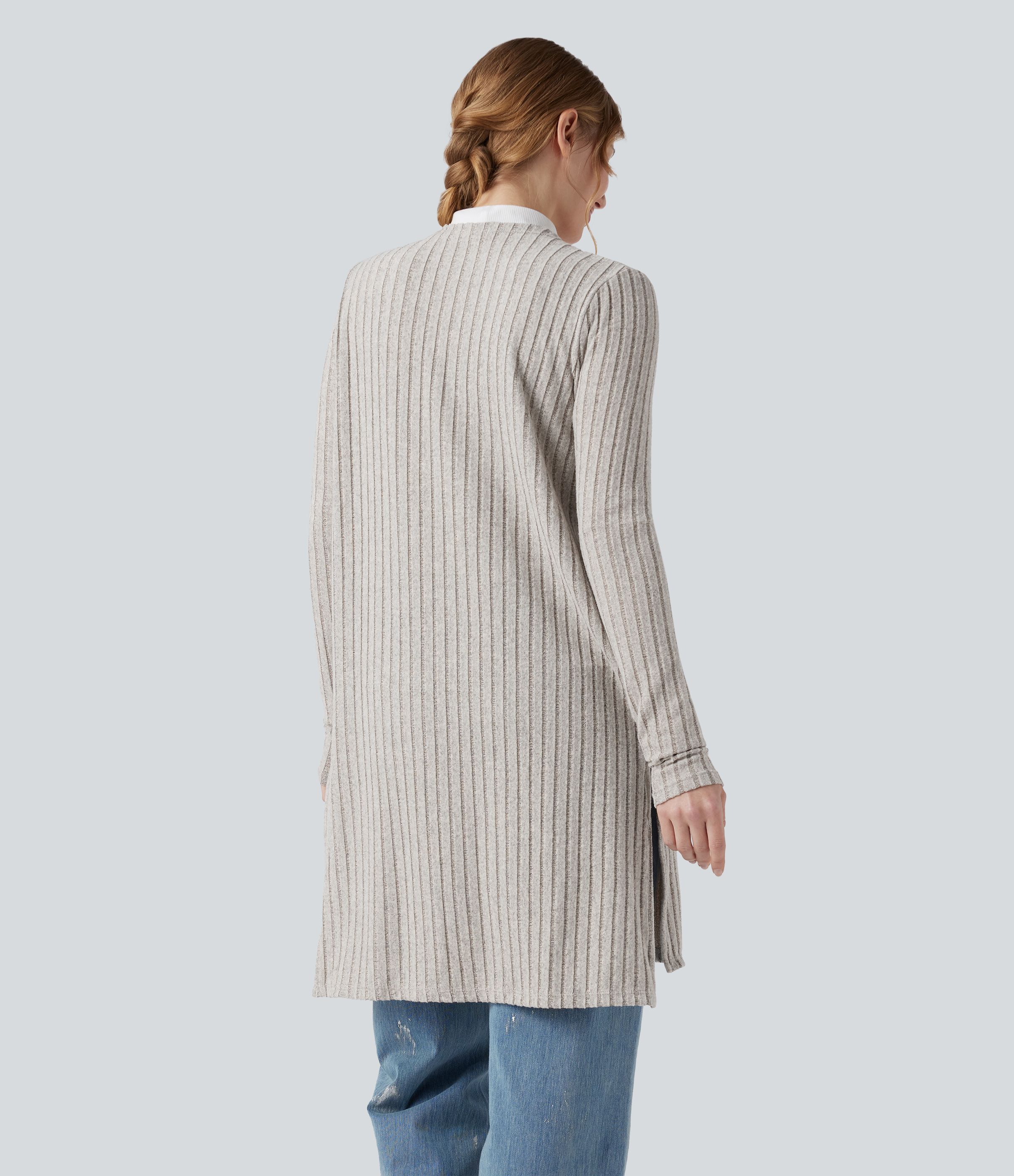 Warm Grey Floral Velvet Ribbed Knit Long Sleeve Split Fleece Casual Coat / 2