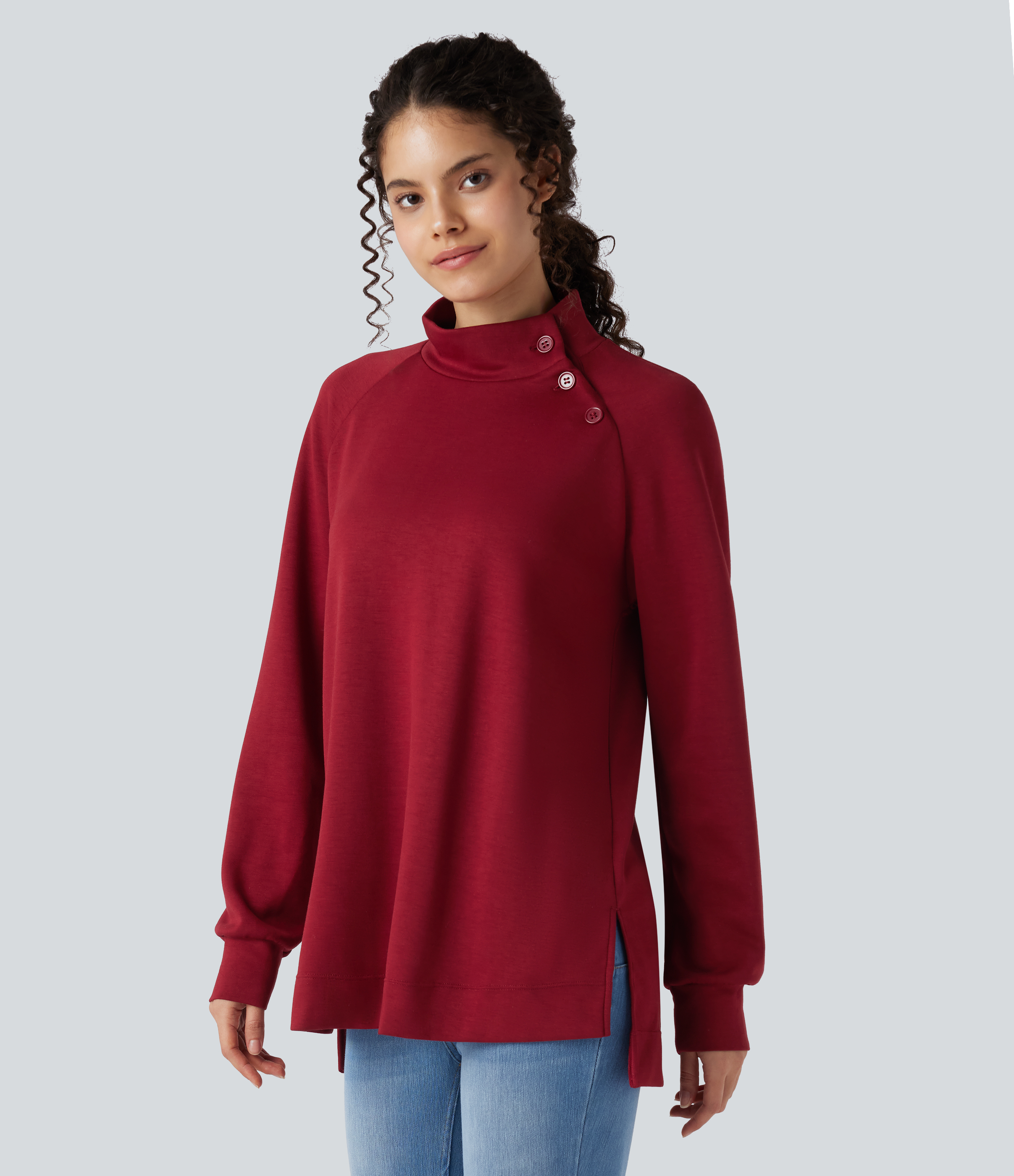 Mock-neck Long Sleeve Split High-Low Relaxed Casual Sweatshirt