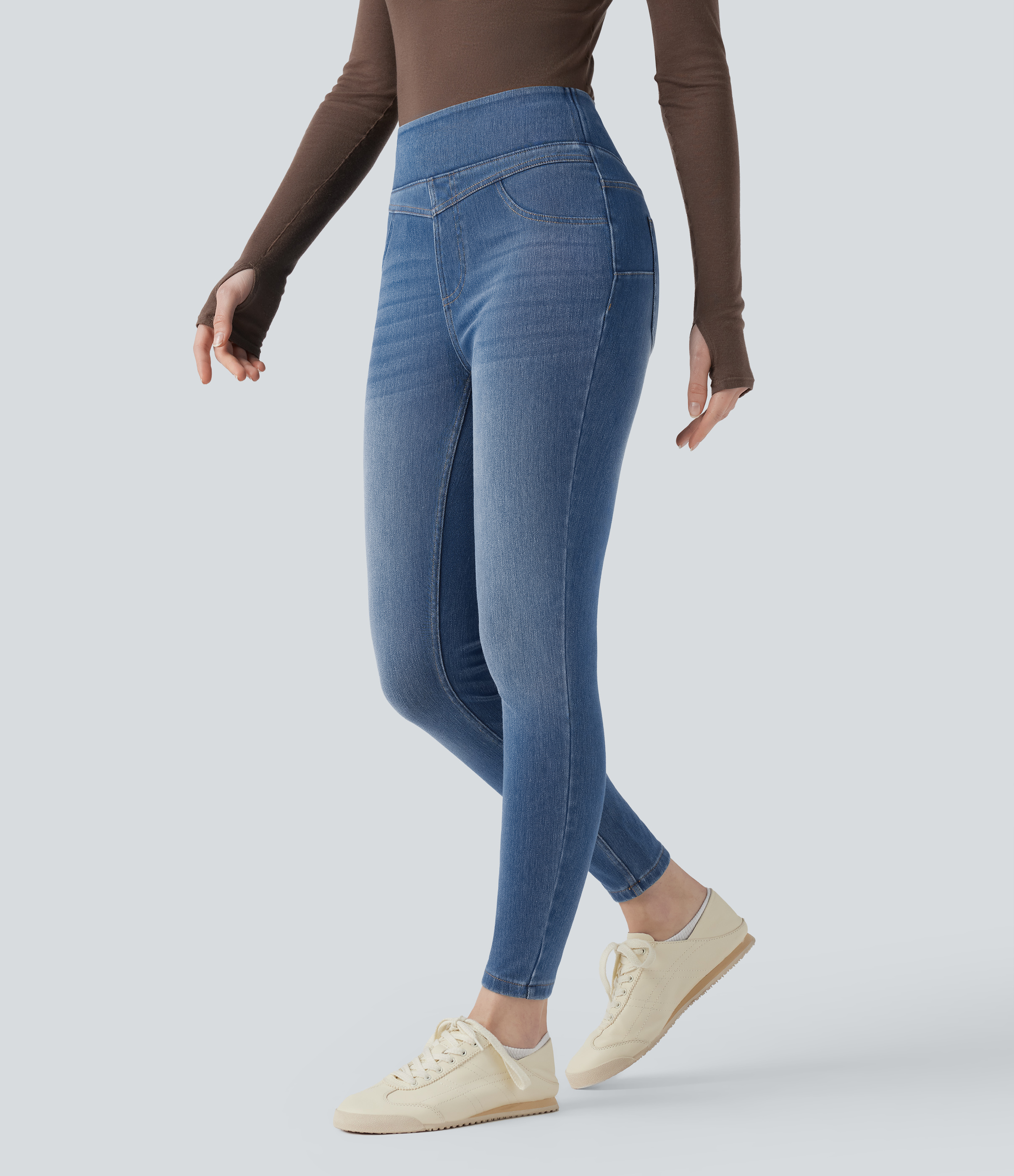 ORANDESIGNE Jeggings Skinny Leggings Femmes - Pantalon Jeans Taille Haute Coupe Slim Ceinture Élastique Couleur Unie