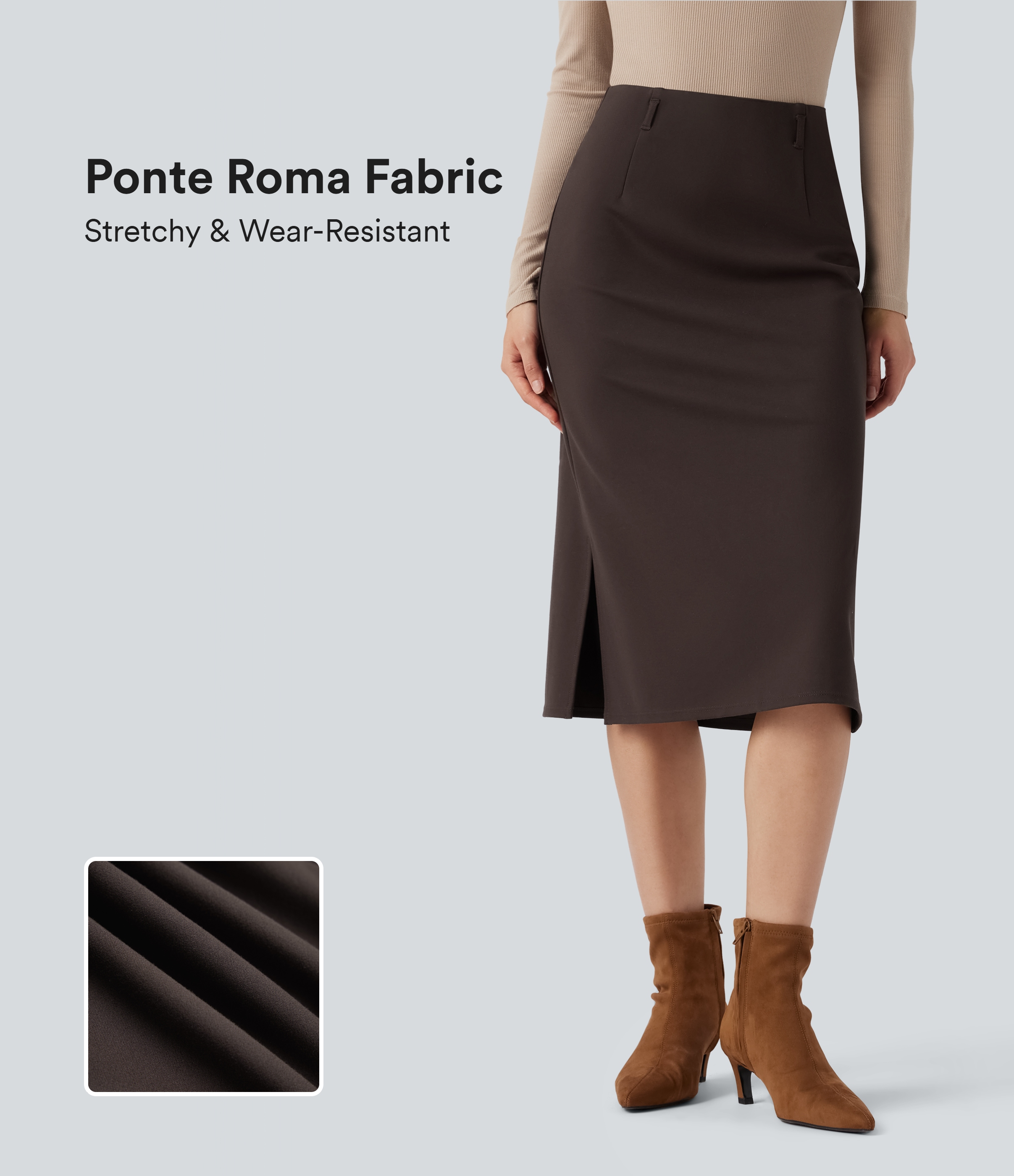 Verschleißfester, hoch taillierter Midi-Arbeitsrock mit Schlitz aus Ponte Roma
