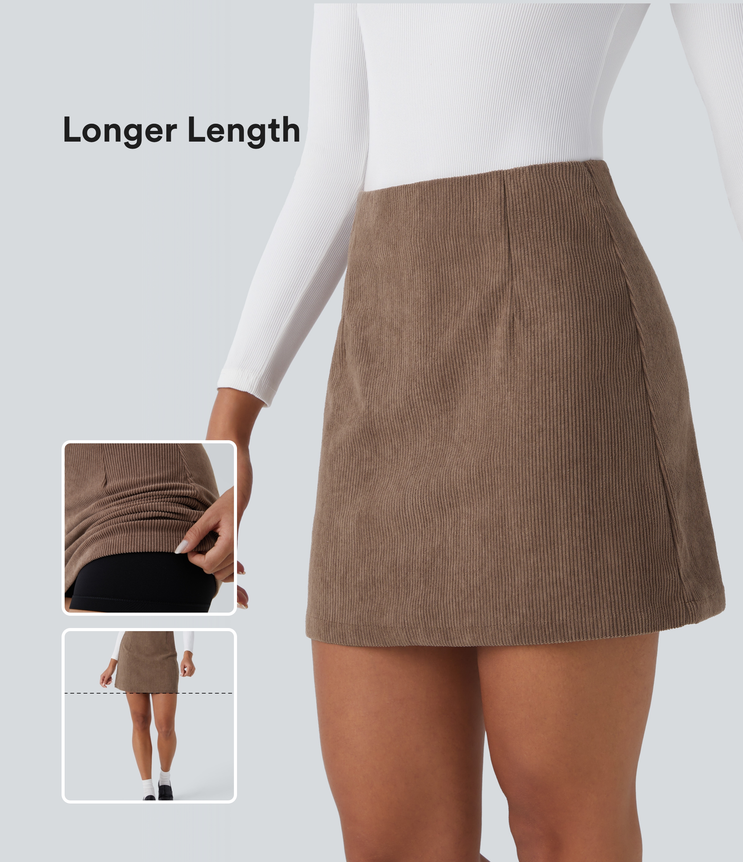 Lässiger 2-in-1 A-Linien-Minirock aus Cord mit hohem Bund und unsichtbarem Reißverschluss