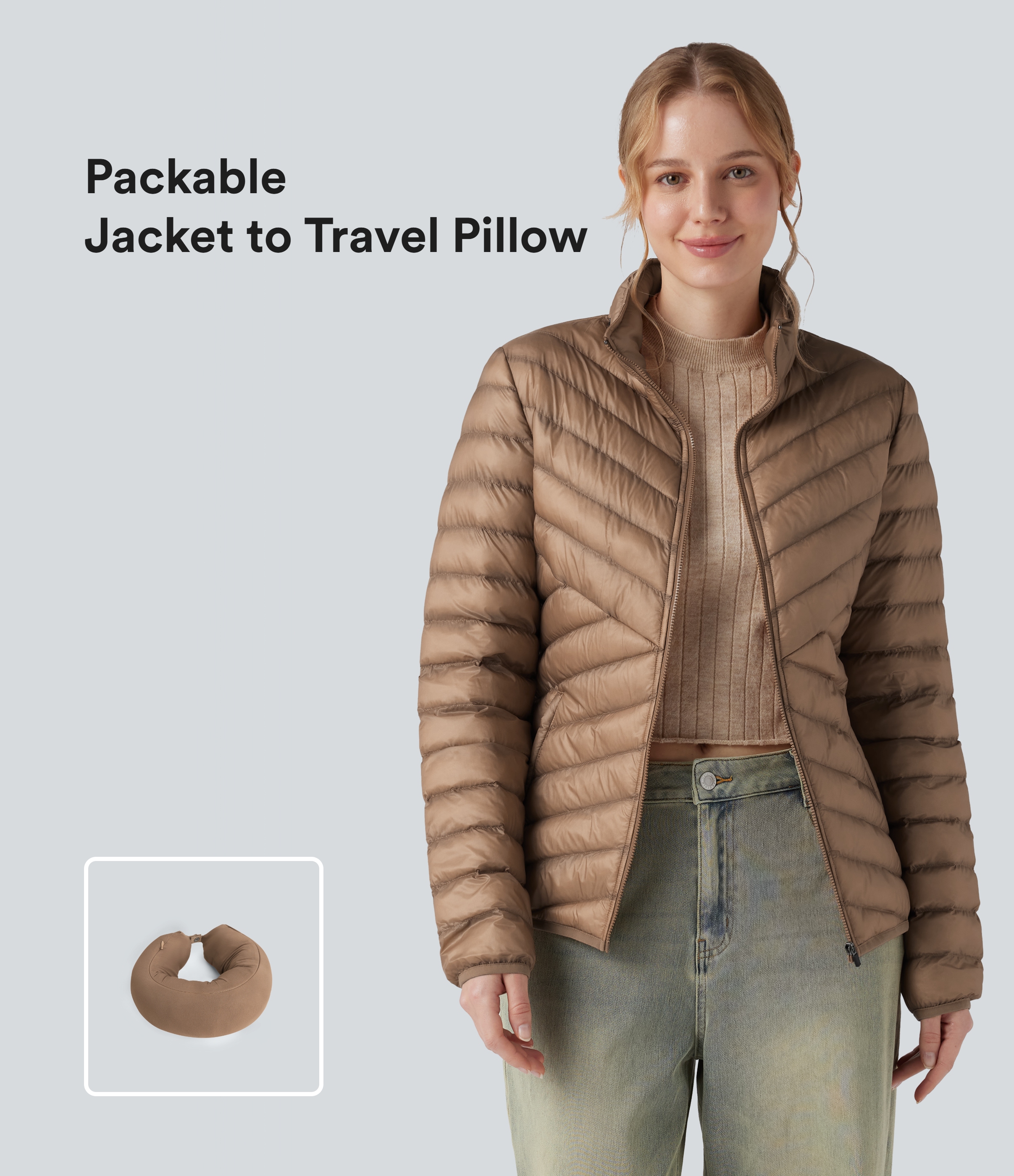 Doudoune synthétique décontractée à col montant, manches longues et fermeture éclair, avec poches