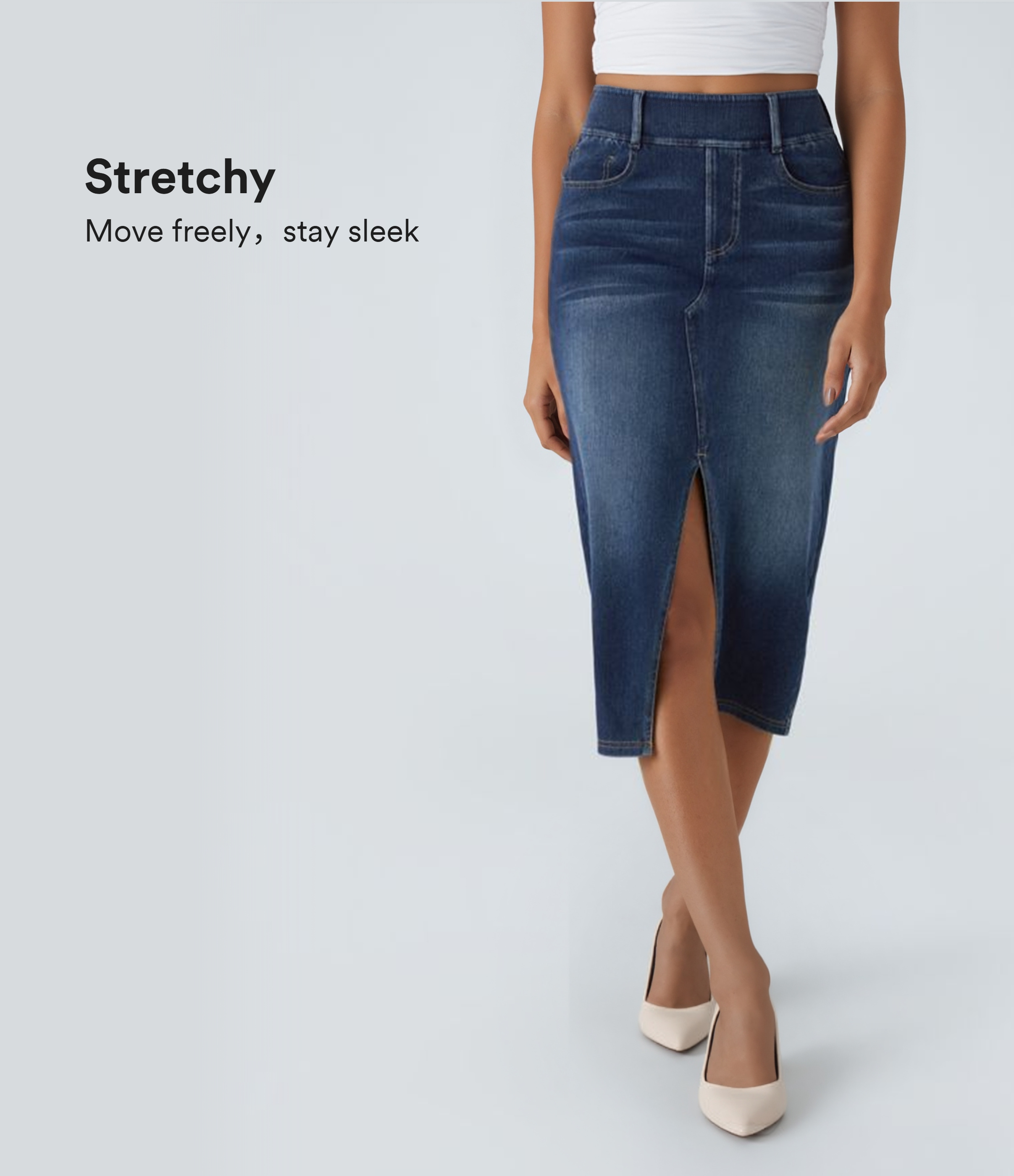 Halara Flex™ High Waisted Pockets Bodycon Washed Denim Women Long Casual Midi Skirt