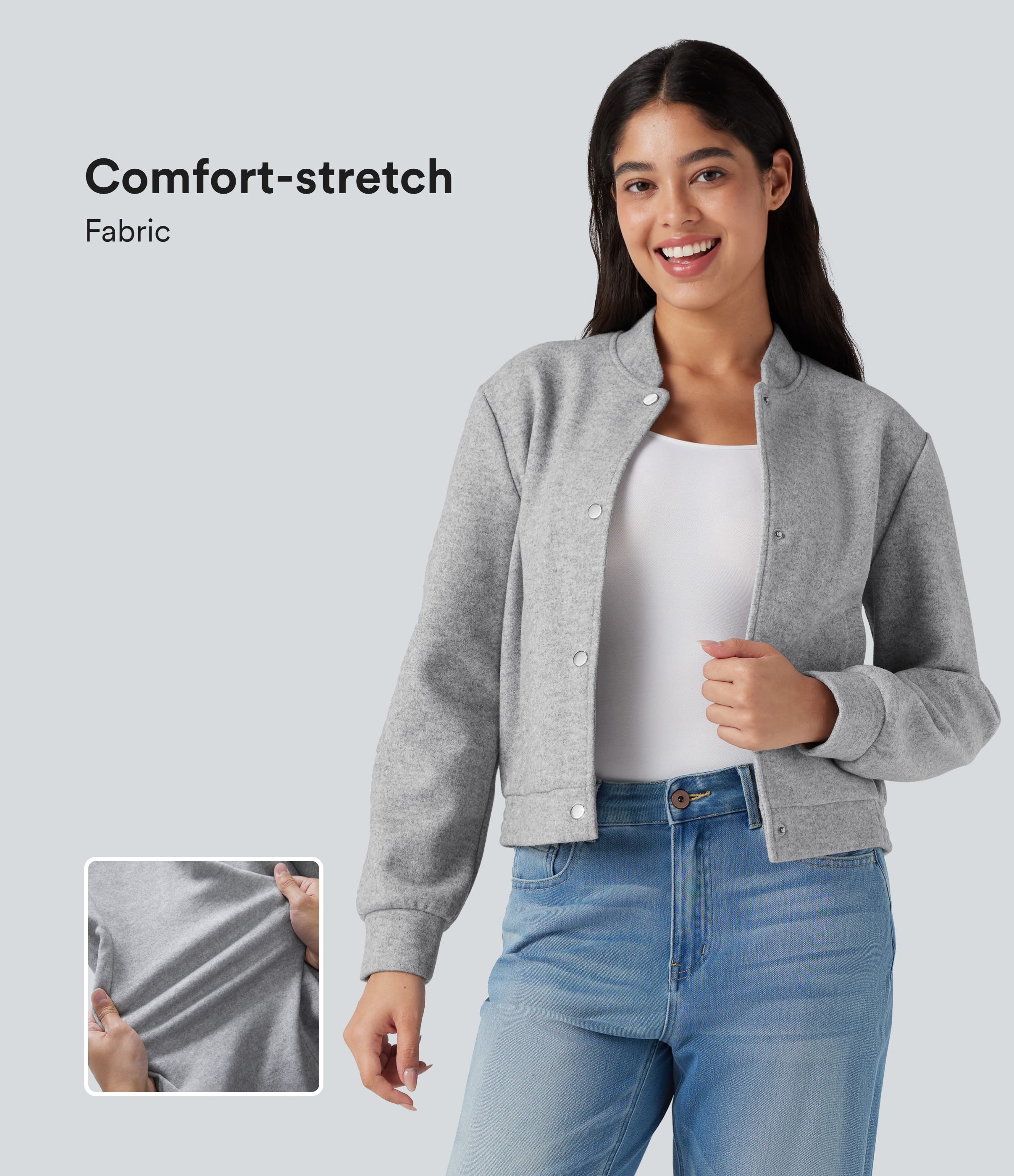 Stand Collar Long Sleeve Fleece Casual Bomber Jacket with Pockets