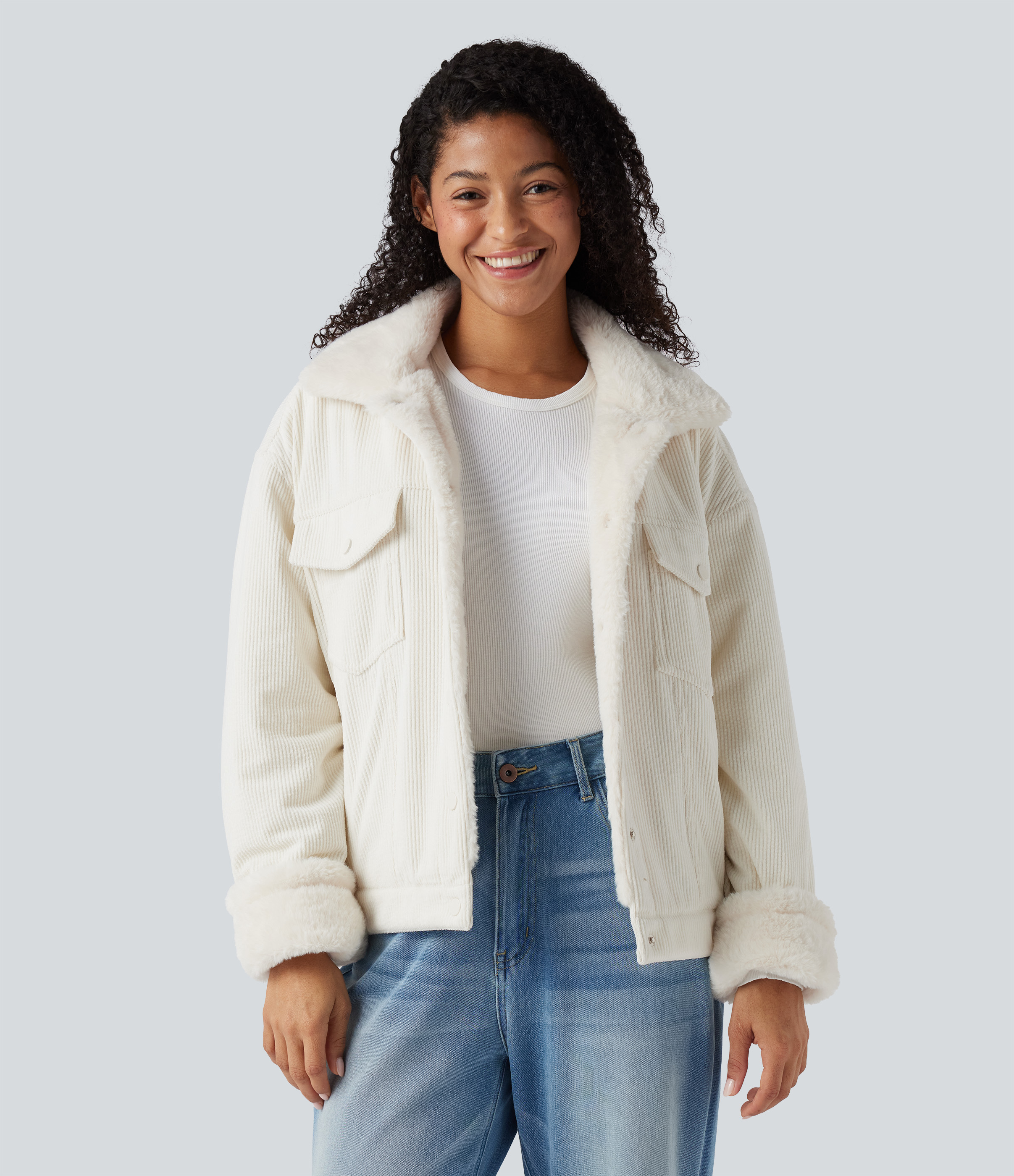 Long Sleeve Corduroy Casual Sherpa Jacket with Pockets