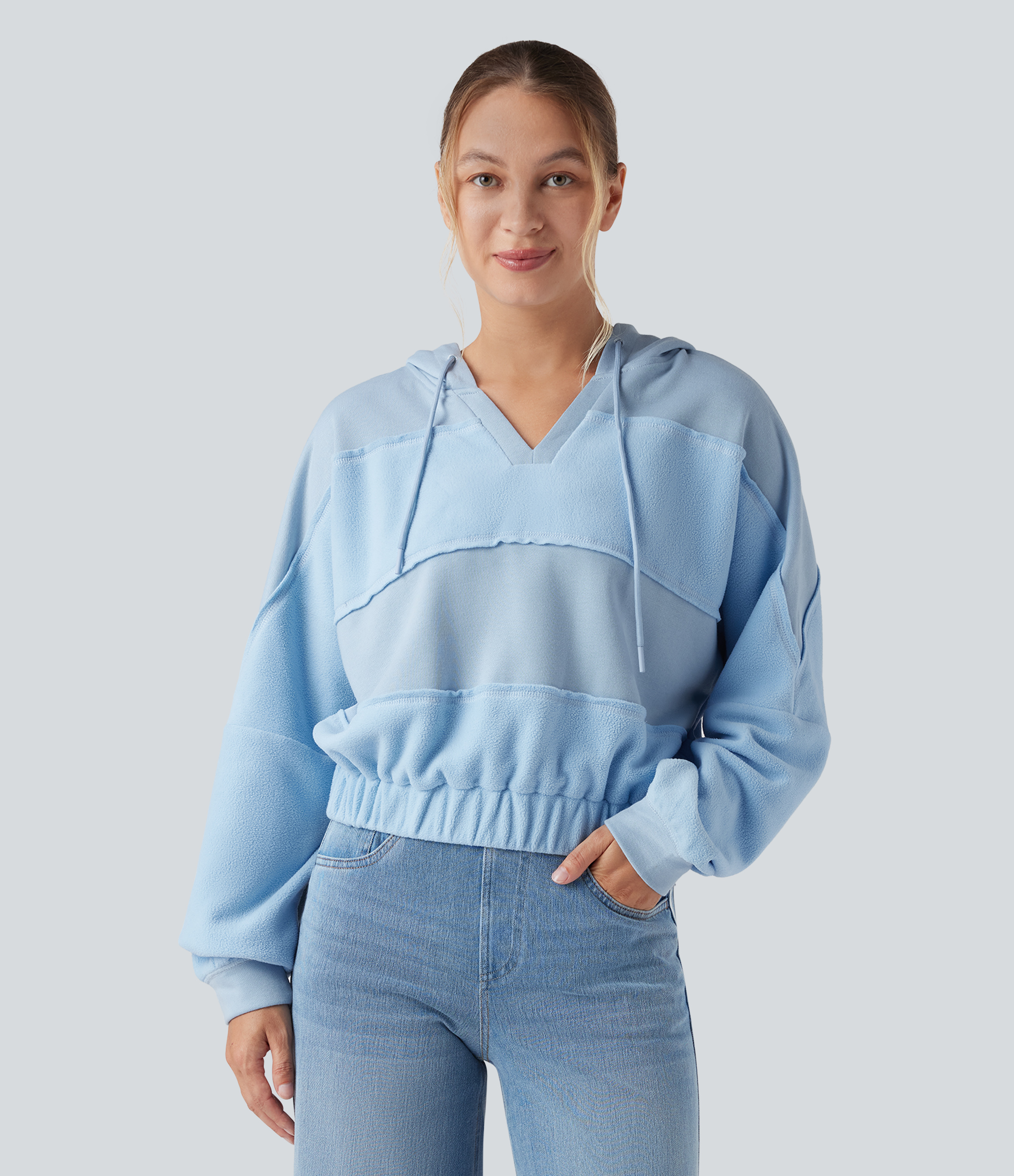 Hooded Drawstring Long Sleeve Patchwork Casual Sports Sweatshirt