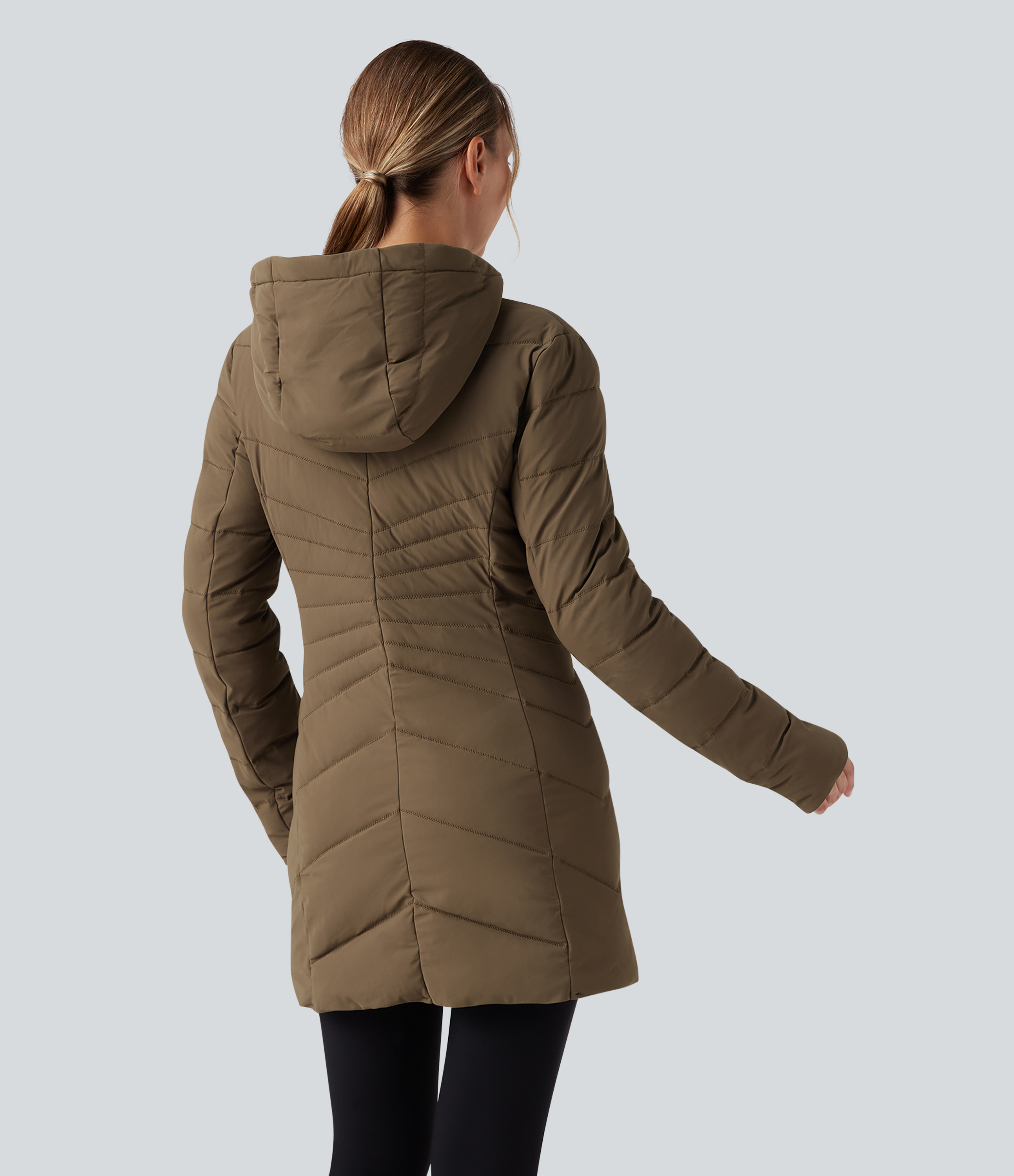 Chestnut Brown PuffFlex Hooded Longline Stretchy Casual Padded Jacket with Pockets / 2