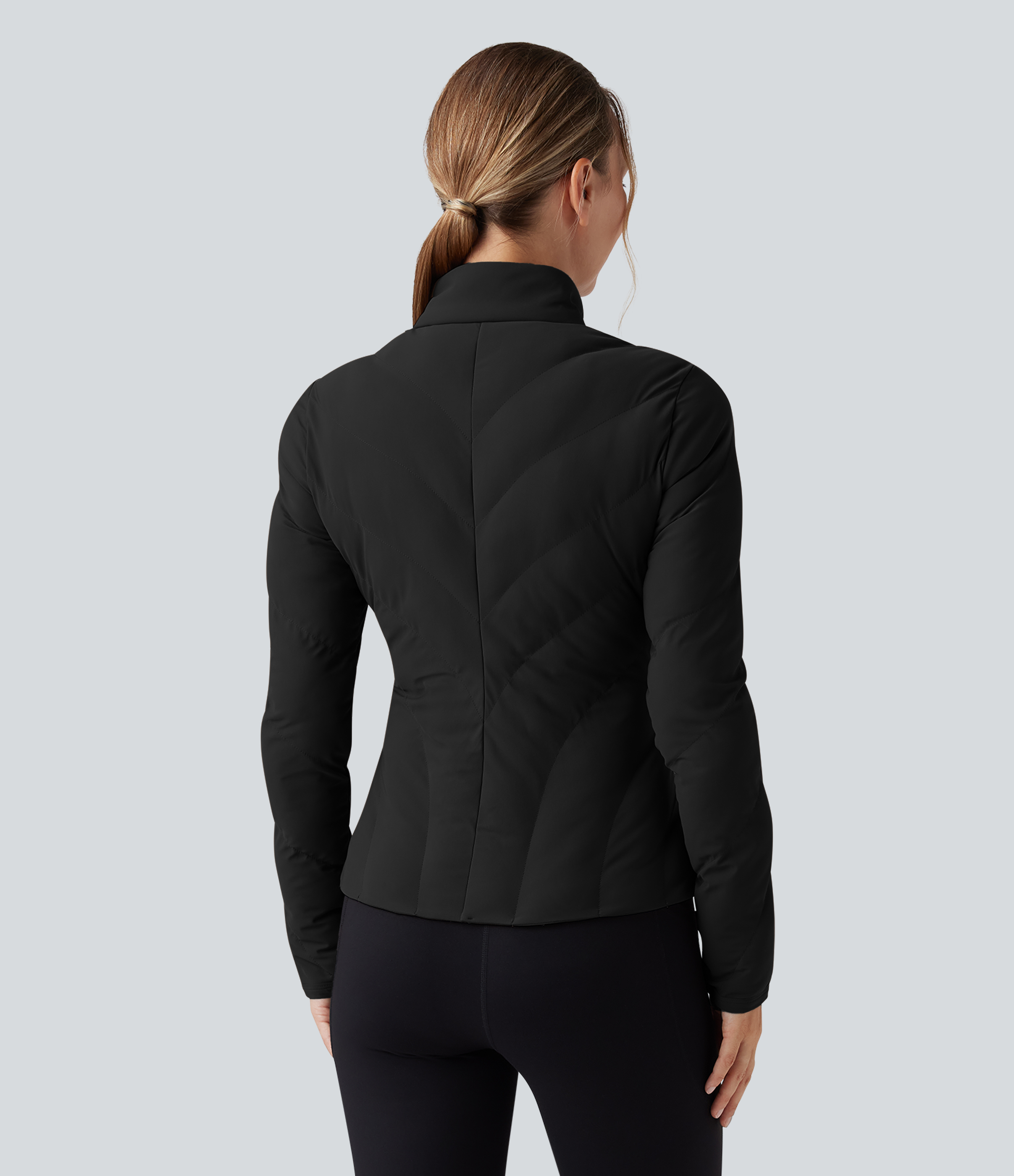 Black PuffFlex High-neck Long Sleeve Stretchy Casual Padded Jacket with Pockets / 2