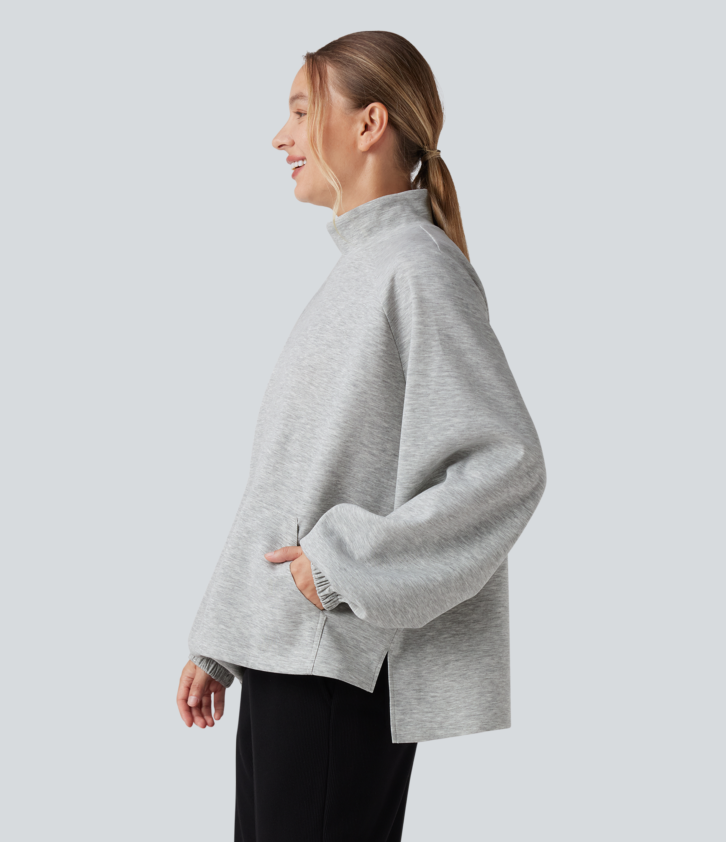 Mock Neck Long Sleeve High Low Casual Sweatshirt with Pocket