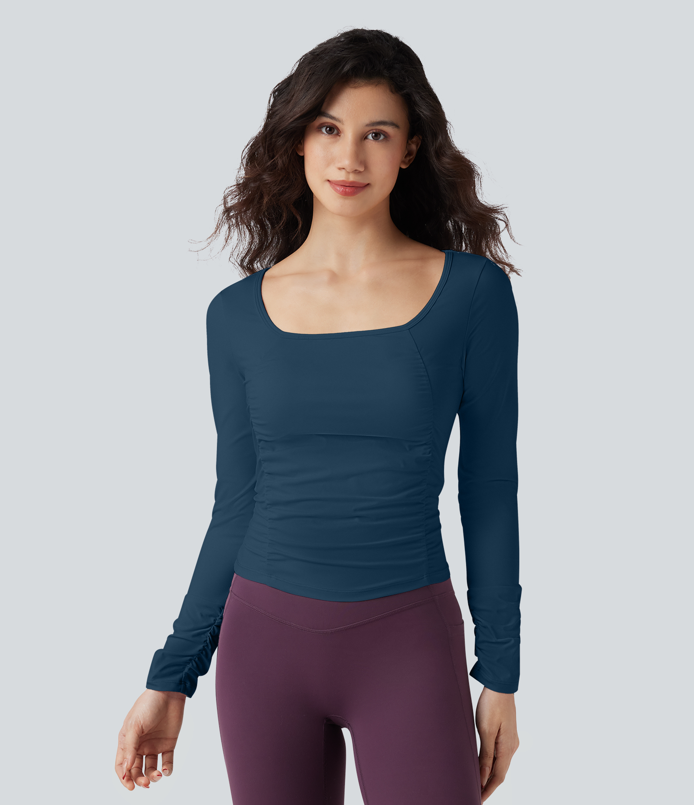 SoftlyZero™ Airy Square Neck Long Sleeve Ruched InstantCool Workout Sports Top