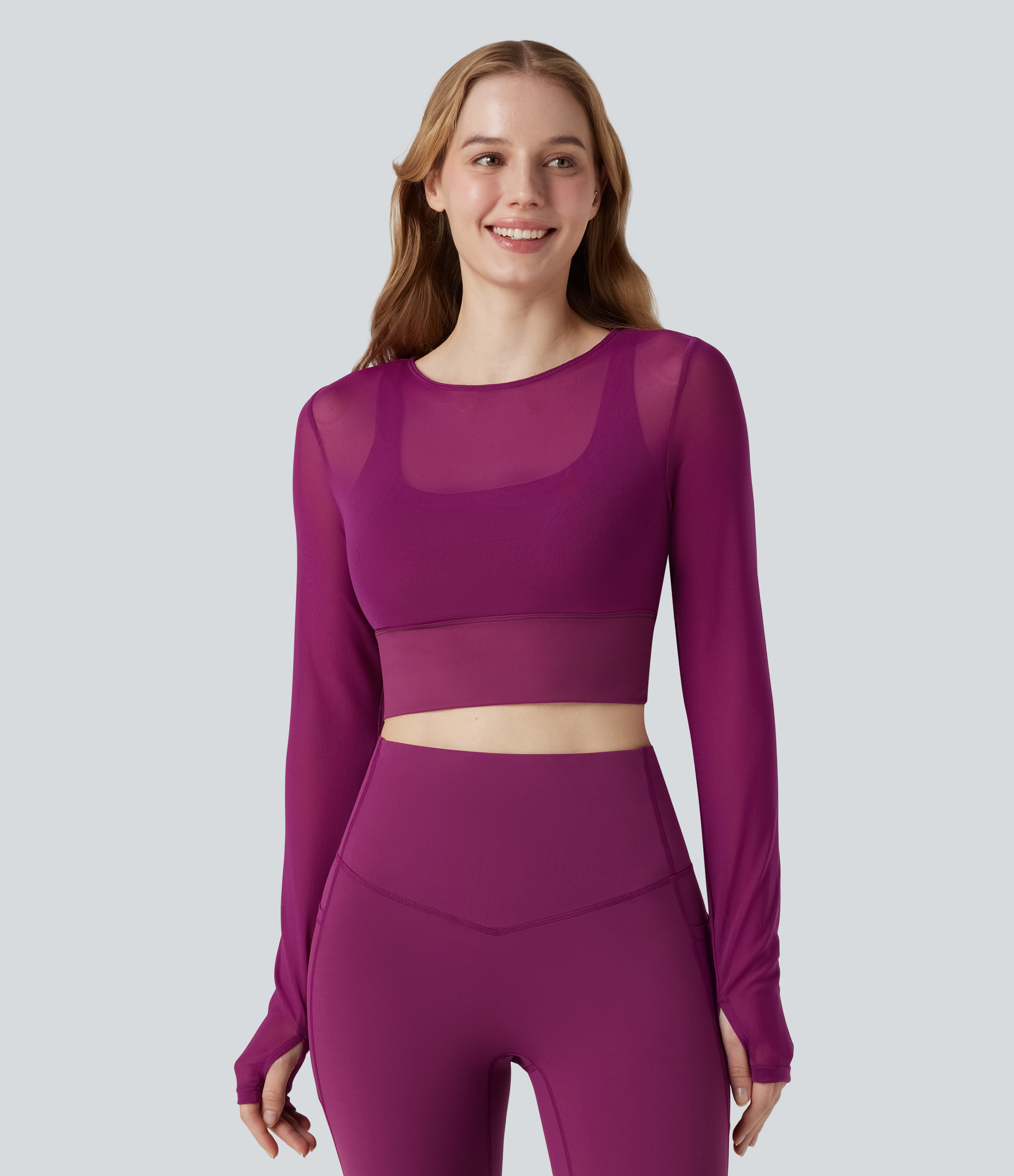 Rose Violet Haut de sport yoga cropped 2-en-1 manches longues mesh contrastant à trous pouces / 2