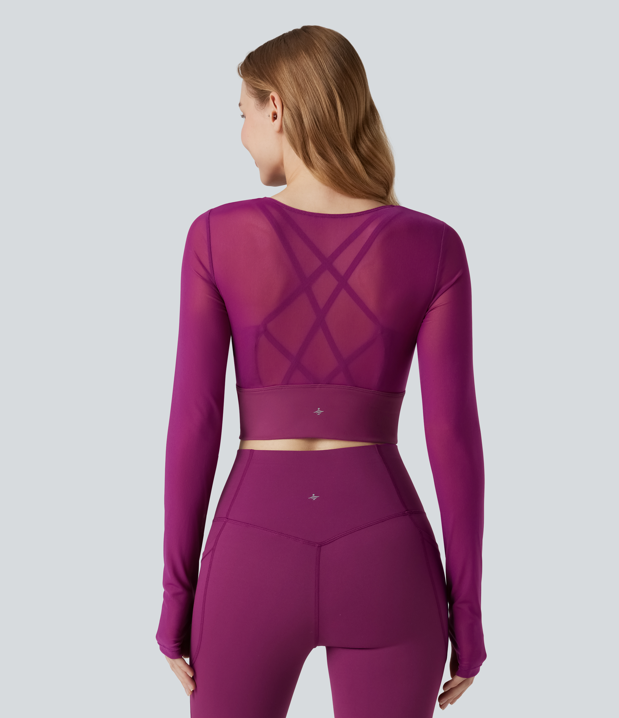 Rose Violet Haut de sport yoga cropped 2-en-1 manches longues mesh contrastant à trous pouces / 1