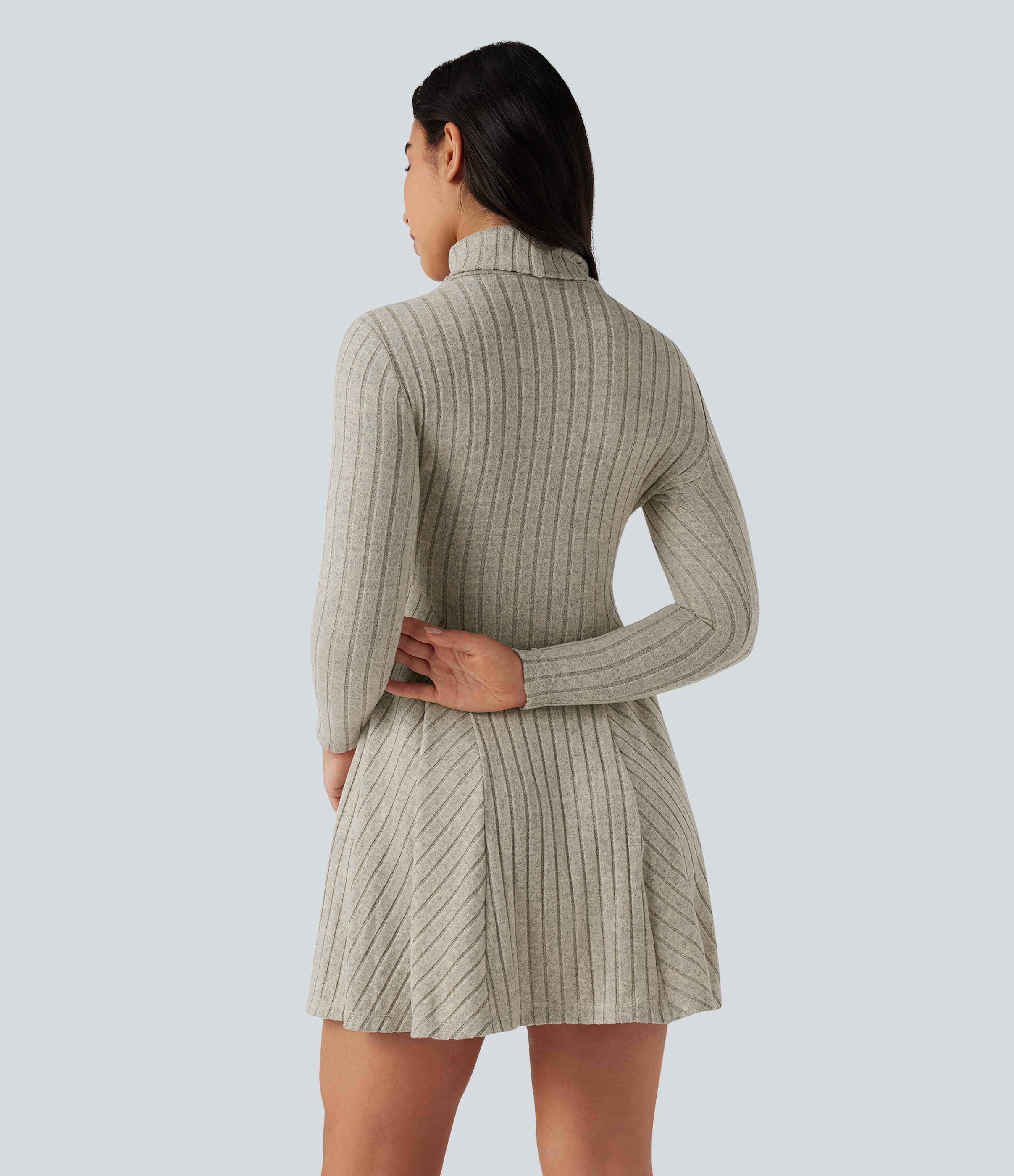 Warm Grey Floral Velvet Ribbed Knit High Neck Long Sleeve Flare Mini Casual Dress / 2